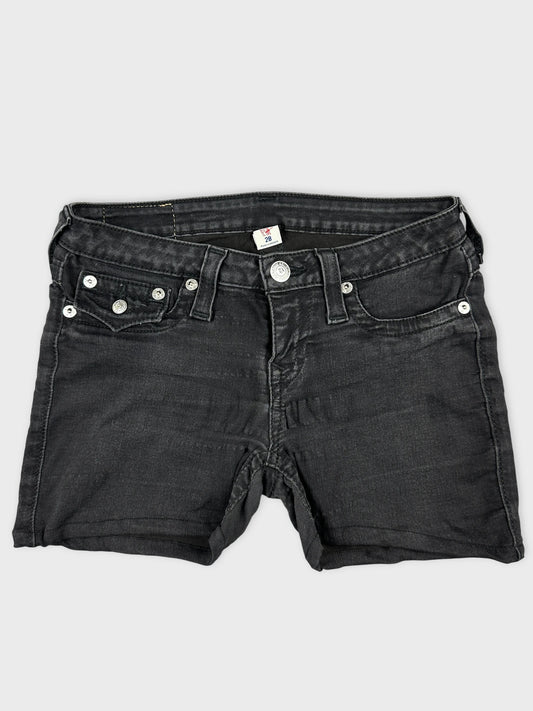 Front view of black denim shorts with silver button details.
