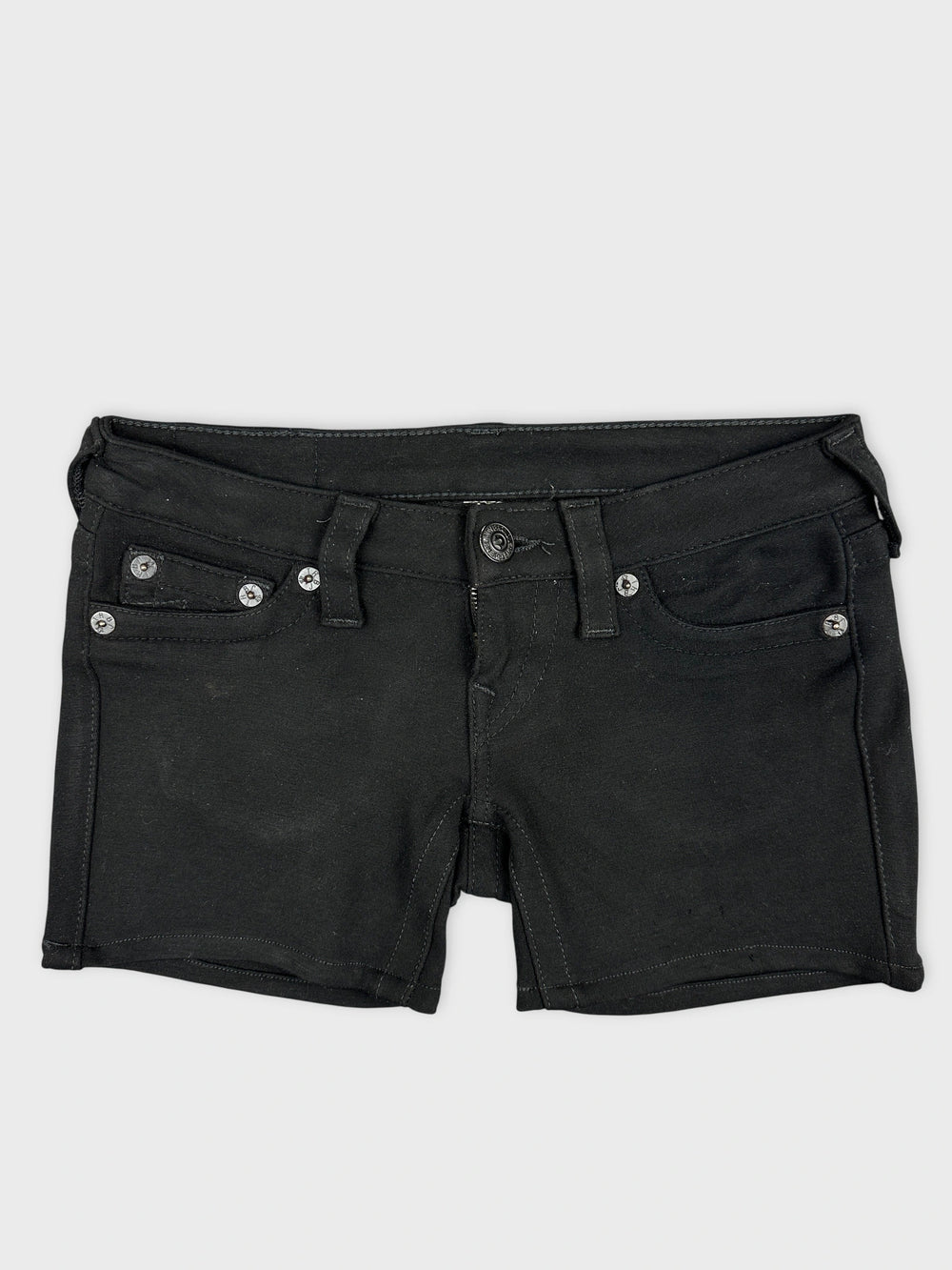 Black denim shorts with front pockets shown in front view.