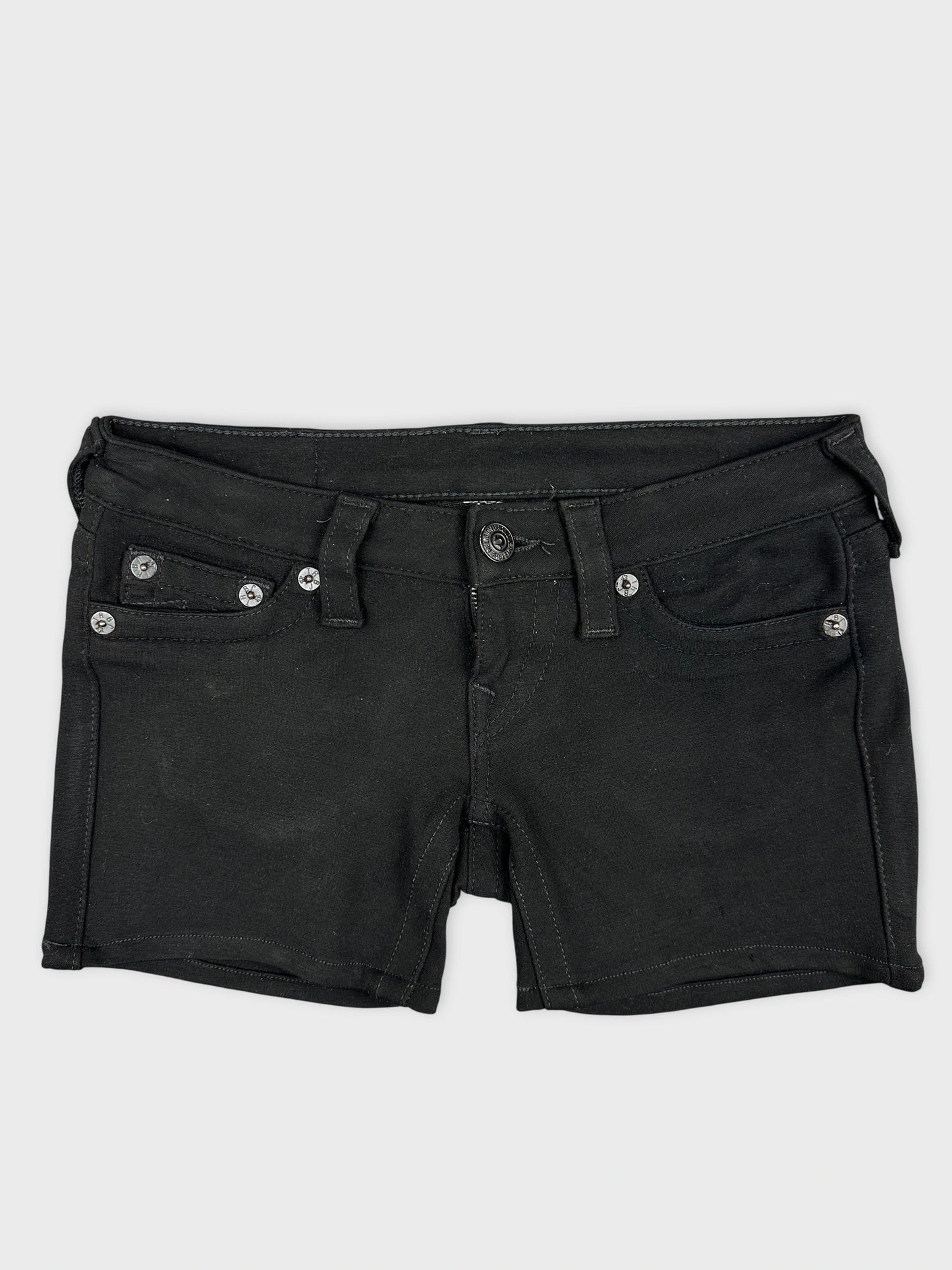 Black denim shorts with front pockets shown in front view.