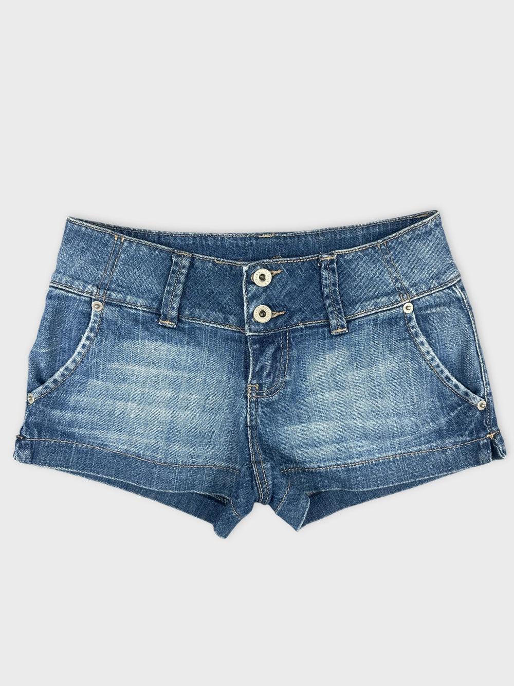 Front view of blue denim shorts featuring two-button closure and side pockets.
