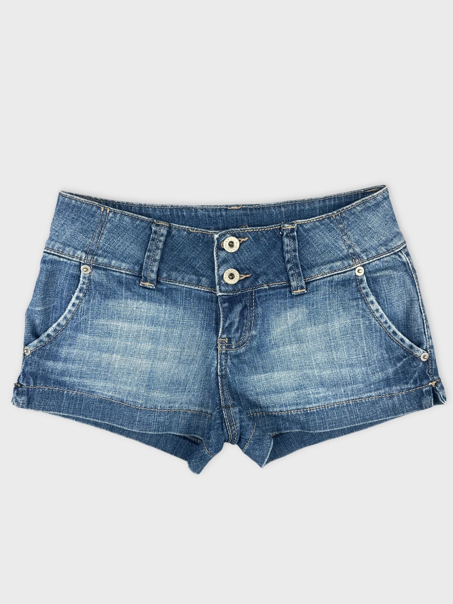 Front view of blue denim shorts featuring two-button closure and side pockets.