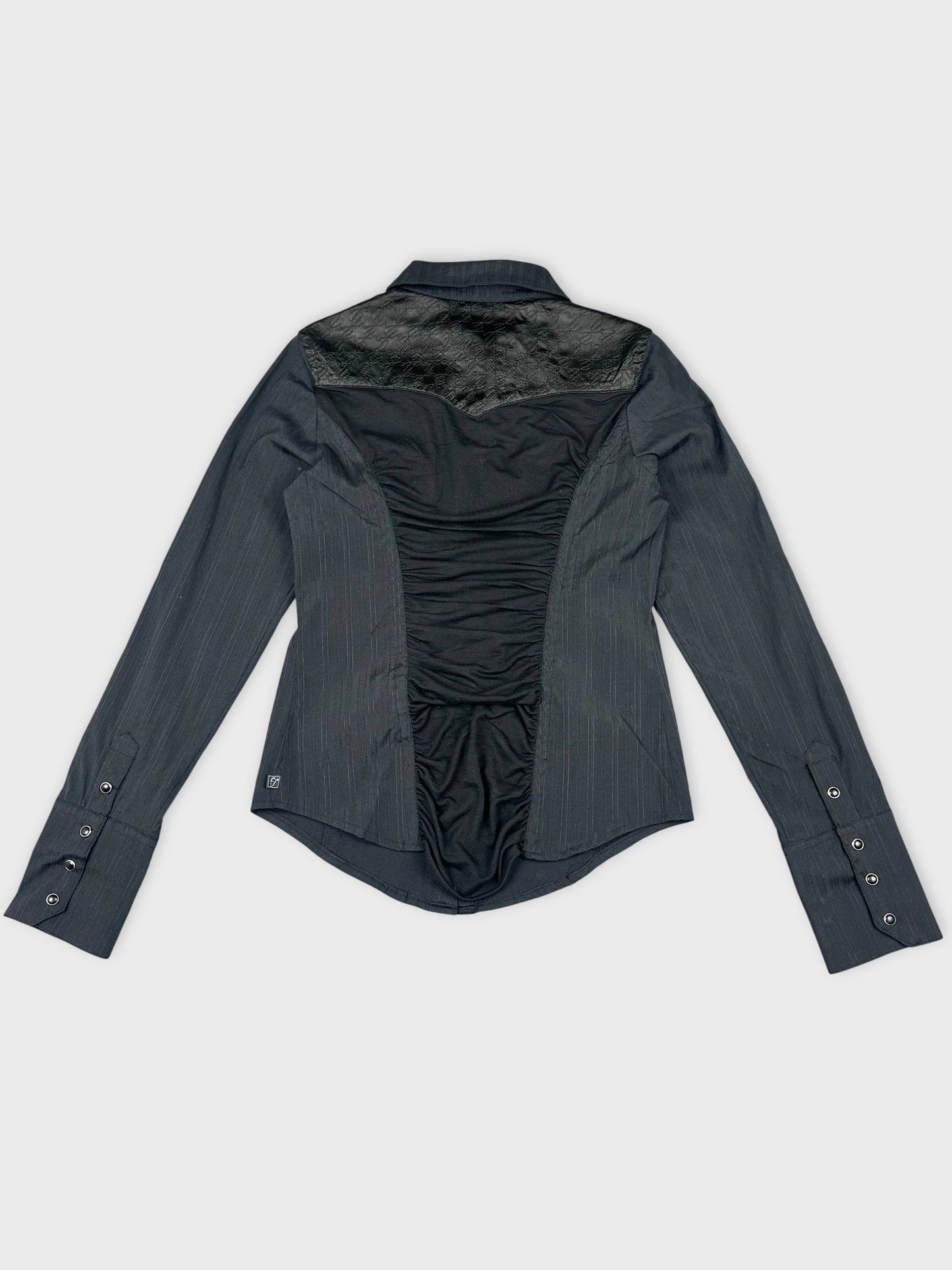 Back view of a black long sleeve button up shirt with ruched detailing.