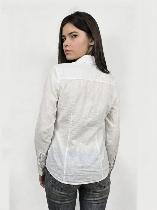 Back view of a white long sleeve button up shirt featuring a classic collar.
