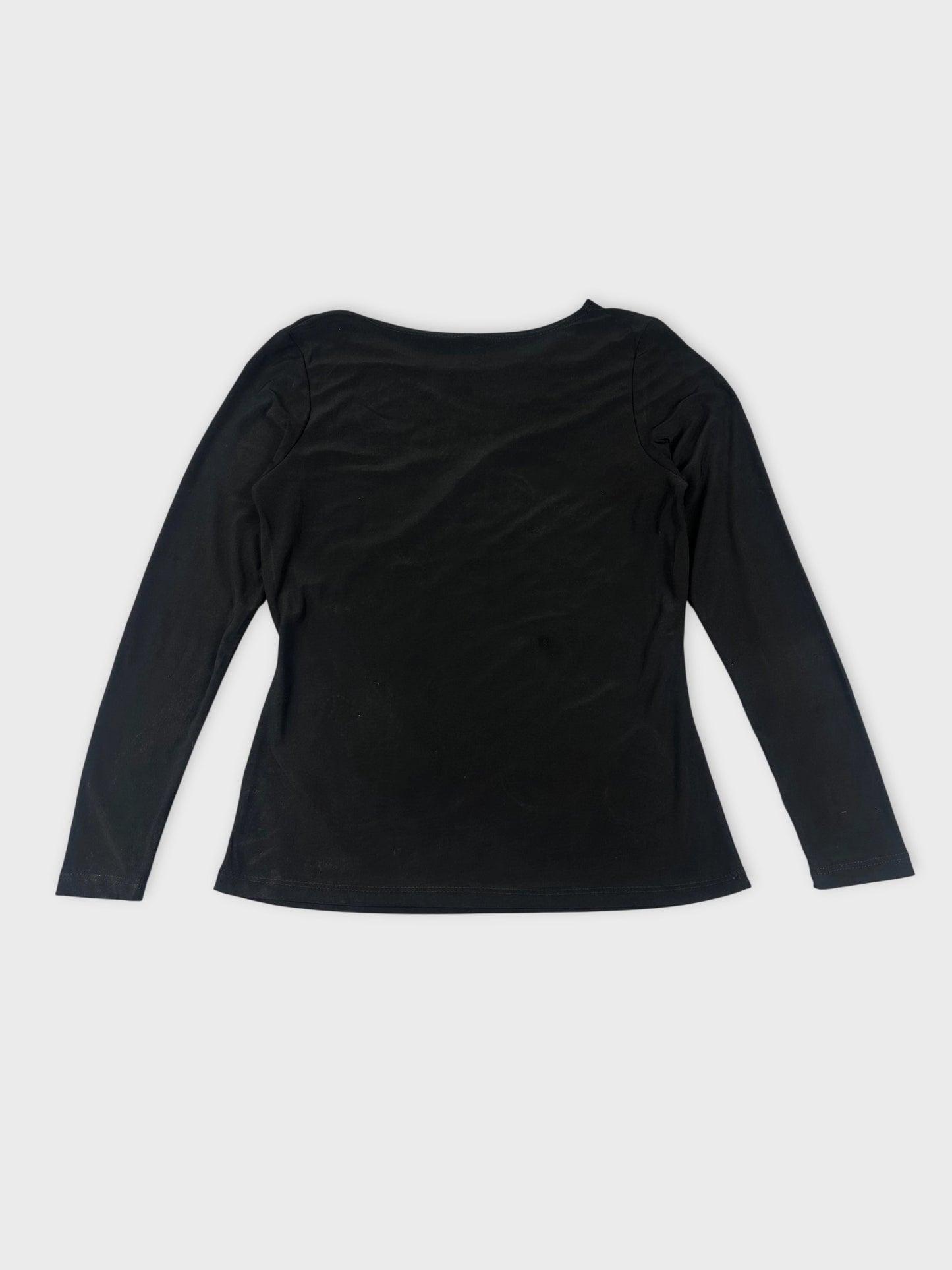 Back view of a black long sleeve shirt with a simple design.