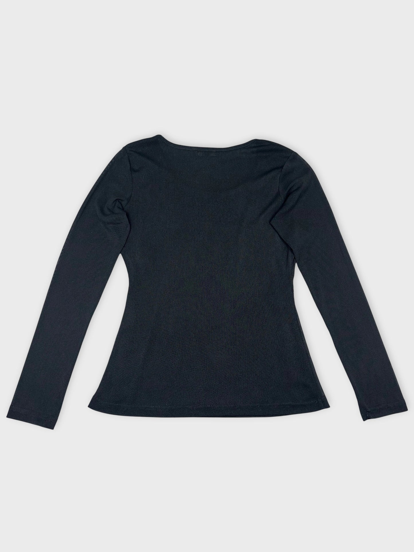 Back view of a black long sleeve shirt with a fitted shape.