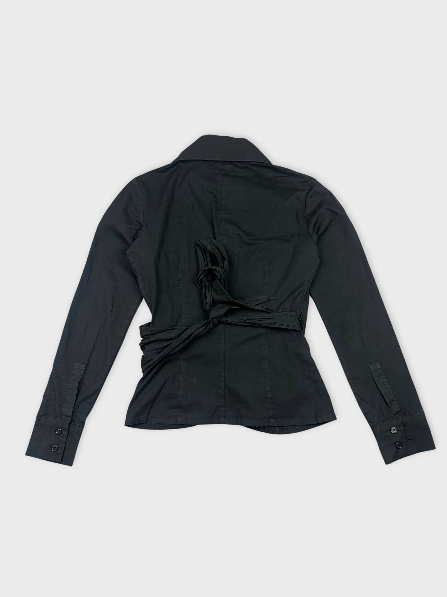 Black long sleeve shirt with a tied detail at the back view.