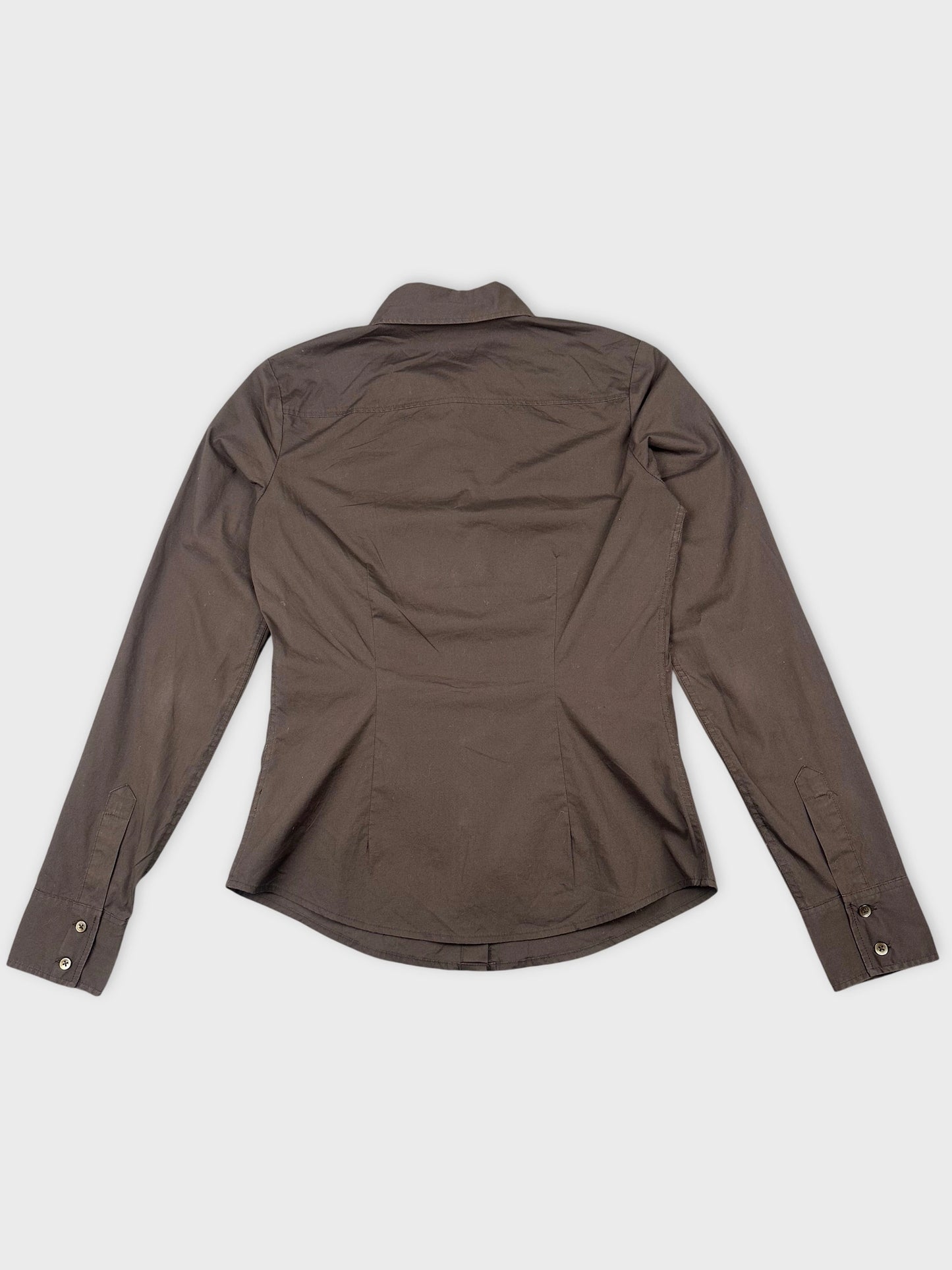 Back view of a brown long sleeve shirt with a structured shape.