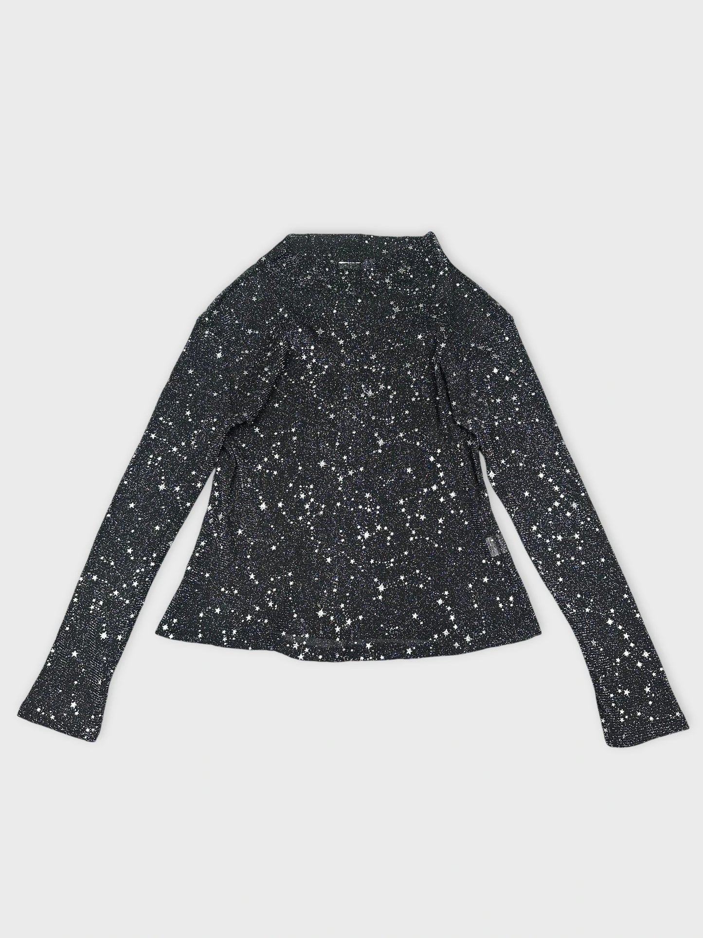 Back view of a black long sleeve shirt with star pattern.