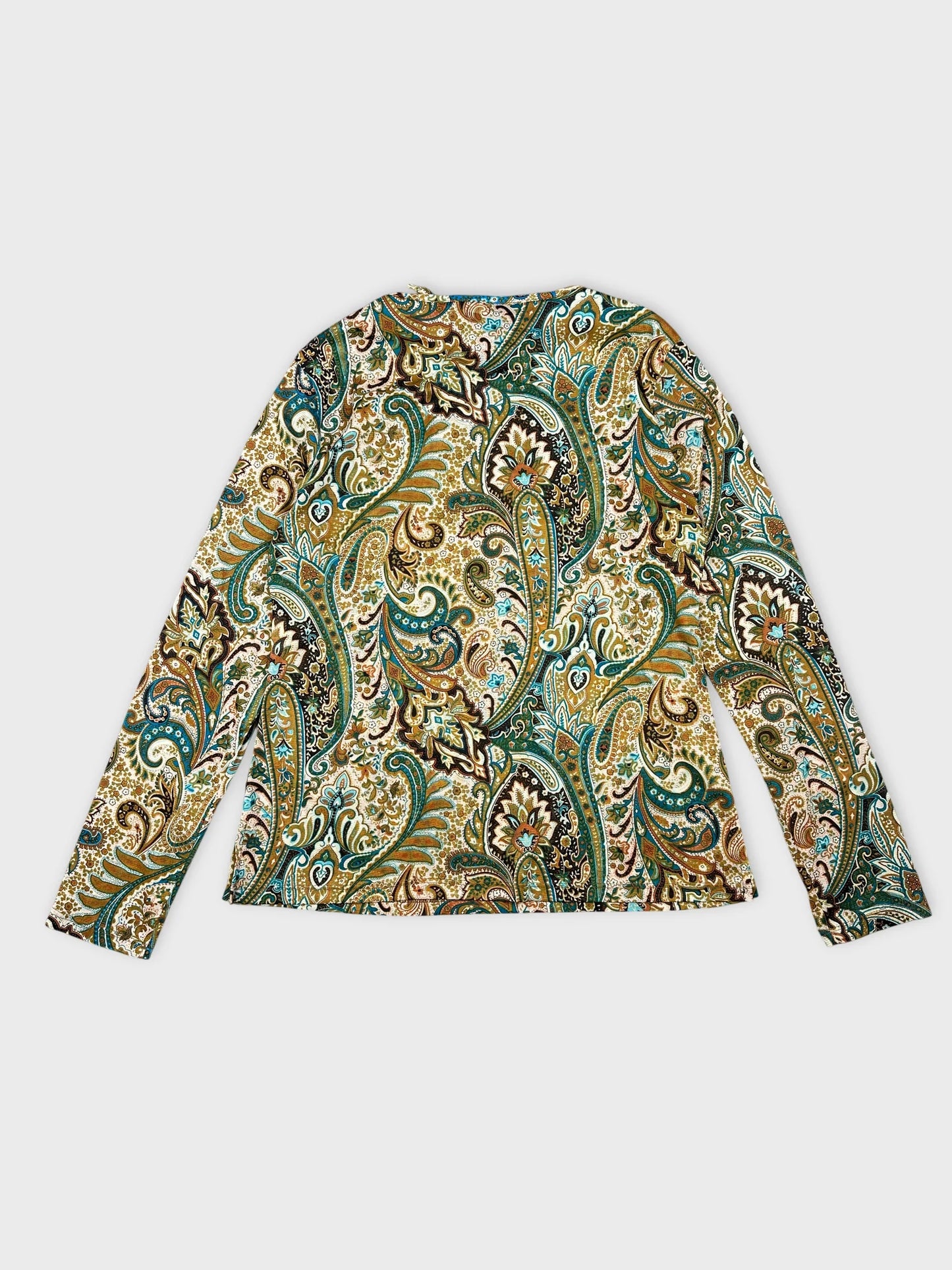 Back view of a long sleeve shirt featuring a green paisley pattern.