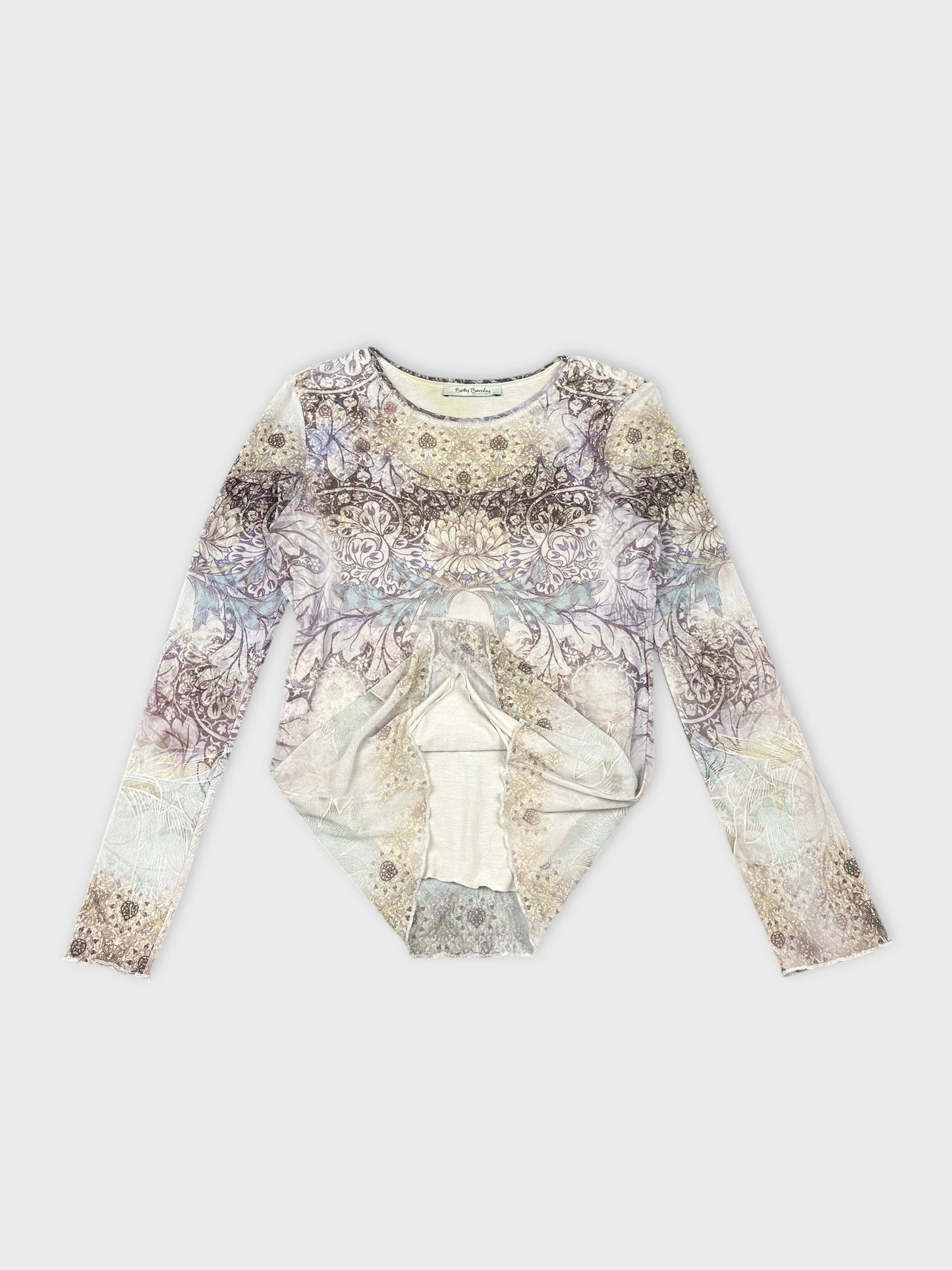 Detail view of a long sleeve shirt in pastel colors with floral pattern.