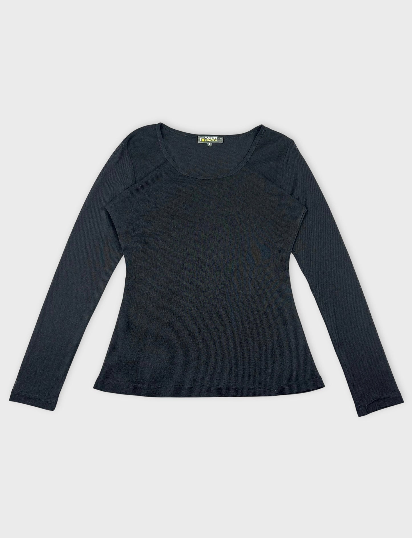 Front view of a black long sleeve shirt with a scoop neckline.