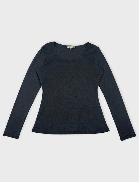 Front view of a black long sleeve shirt with a scoop neckline.