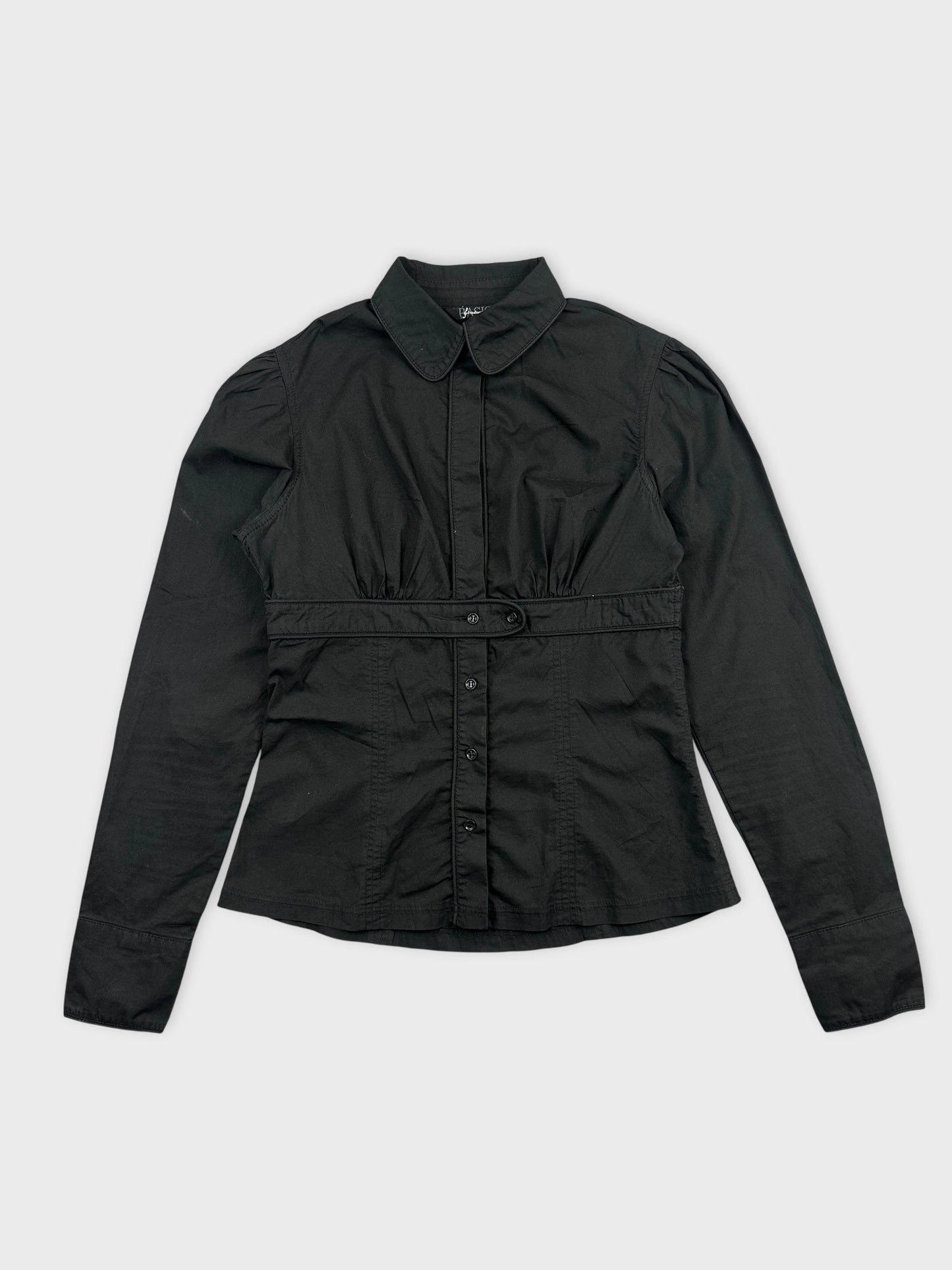 Front view of a black long sleeve shirt featuring a button front and collar.