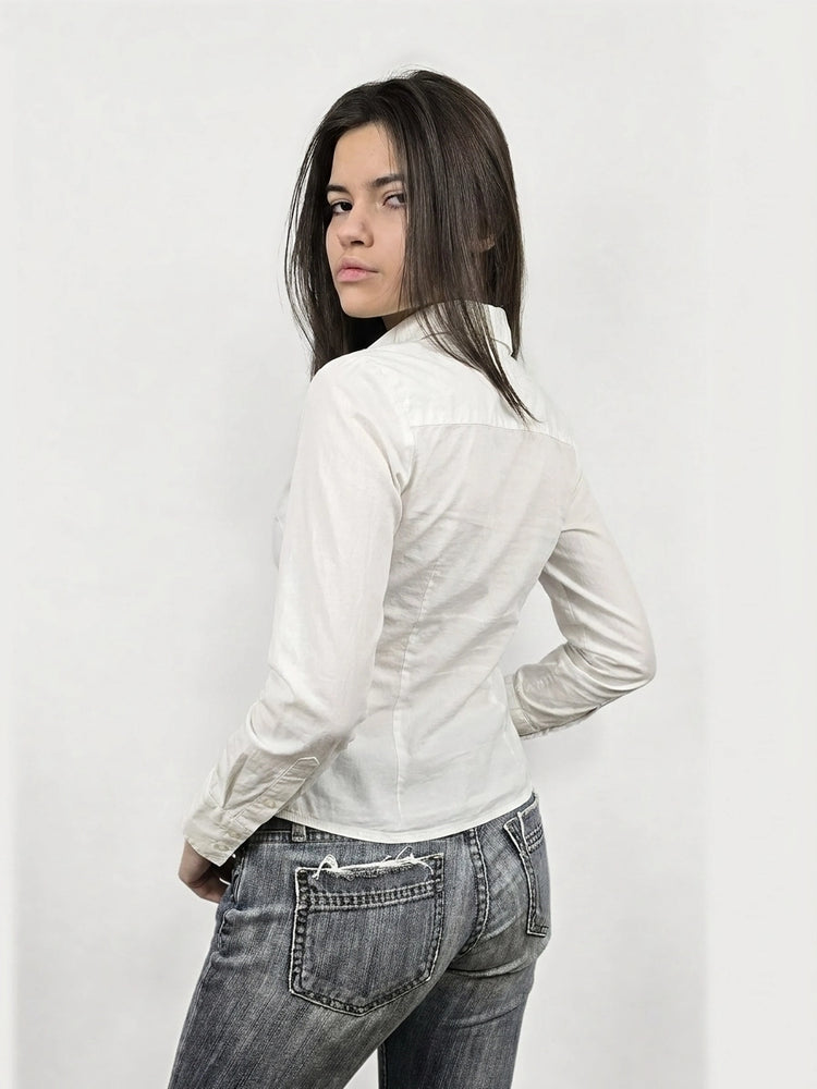 Chic White Zip-Up Long Sleeve Shirt (L)