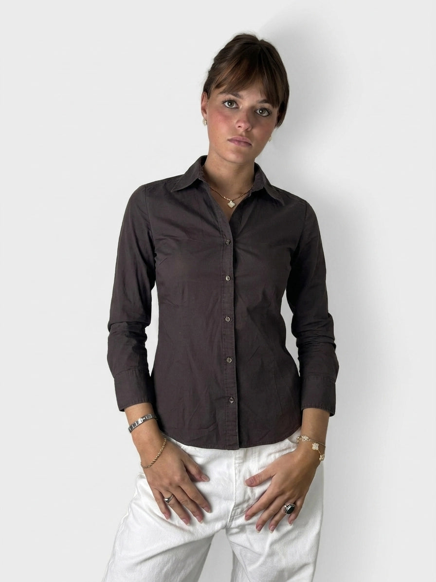 Brown long sleeve shirt with buttons, front view.