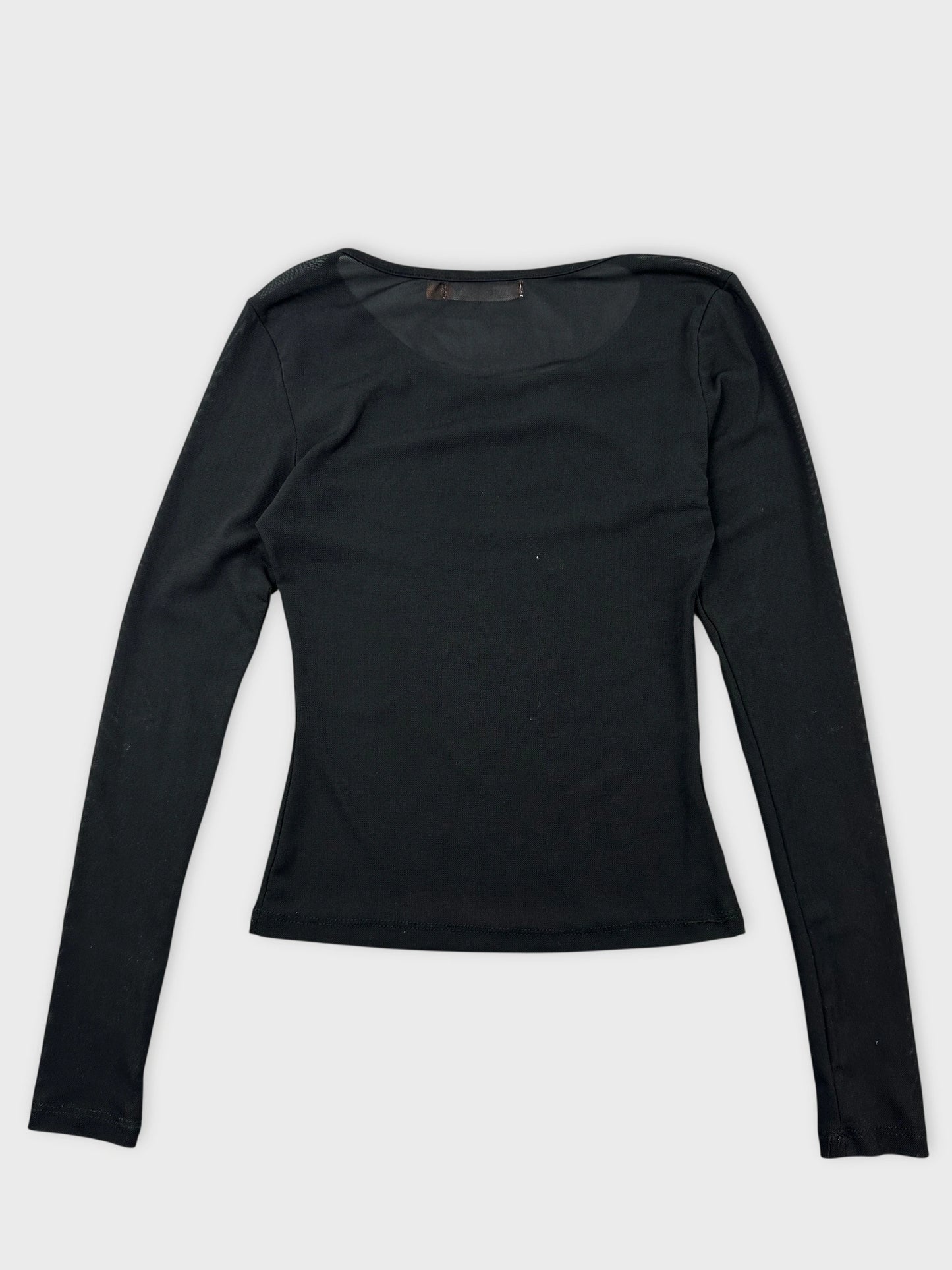 Black long sleeve top back view featuring a rounded neckline.