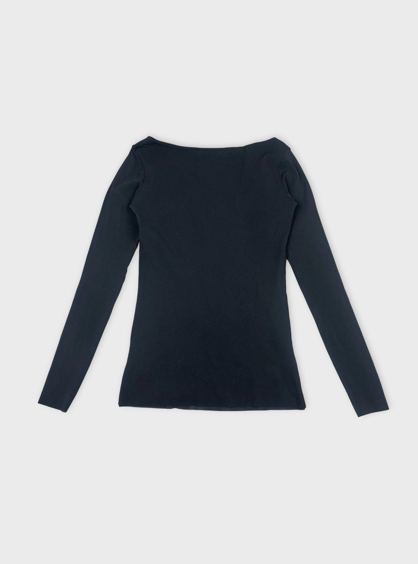 Back view of a long sleeve black top with a simple design.