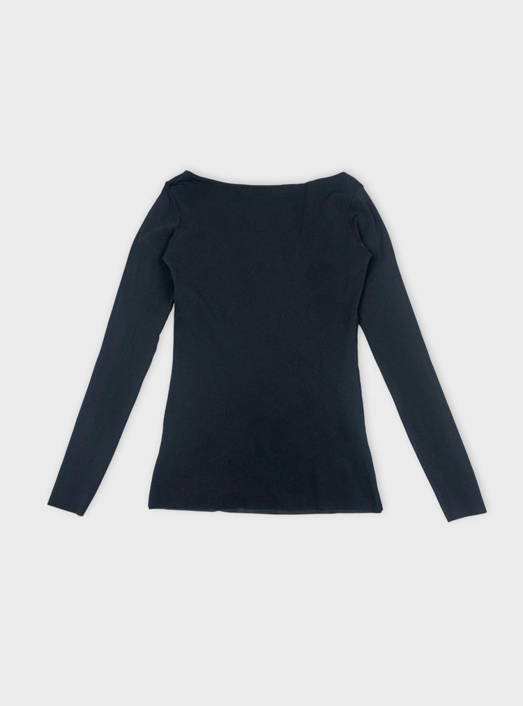 Chic Black Long Sleeve Top with Gold Floral Design (M)