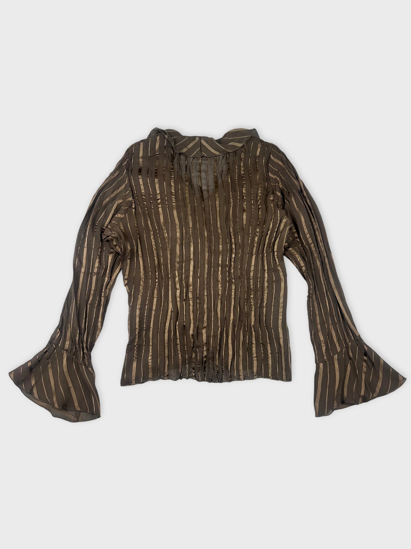 Back view of a long sleeve brown top with vertical stripes and flared sleeves.