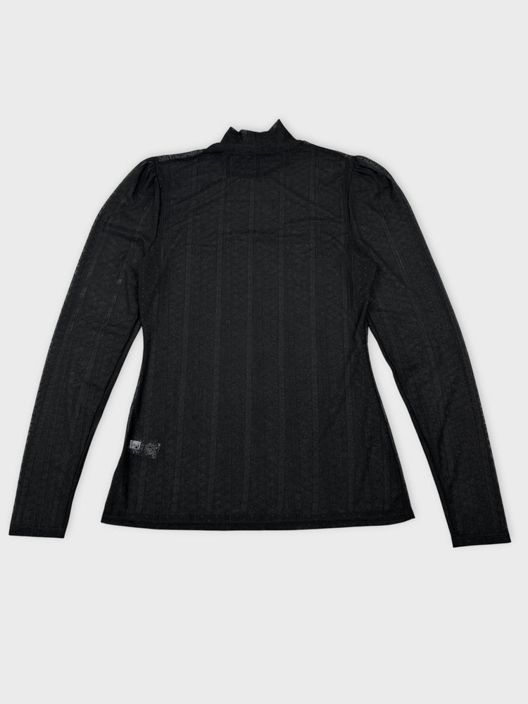 Black Sheer Long Sleeve Top with Polka Dots (S)