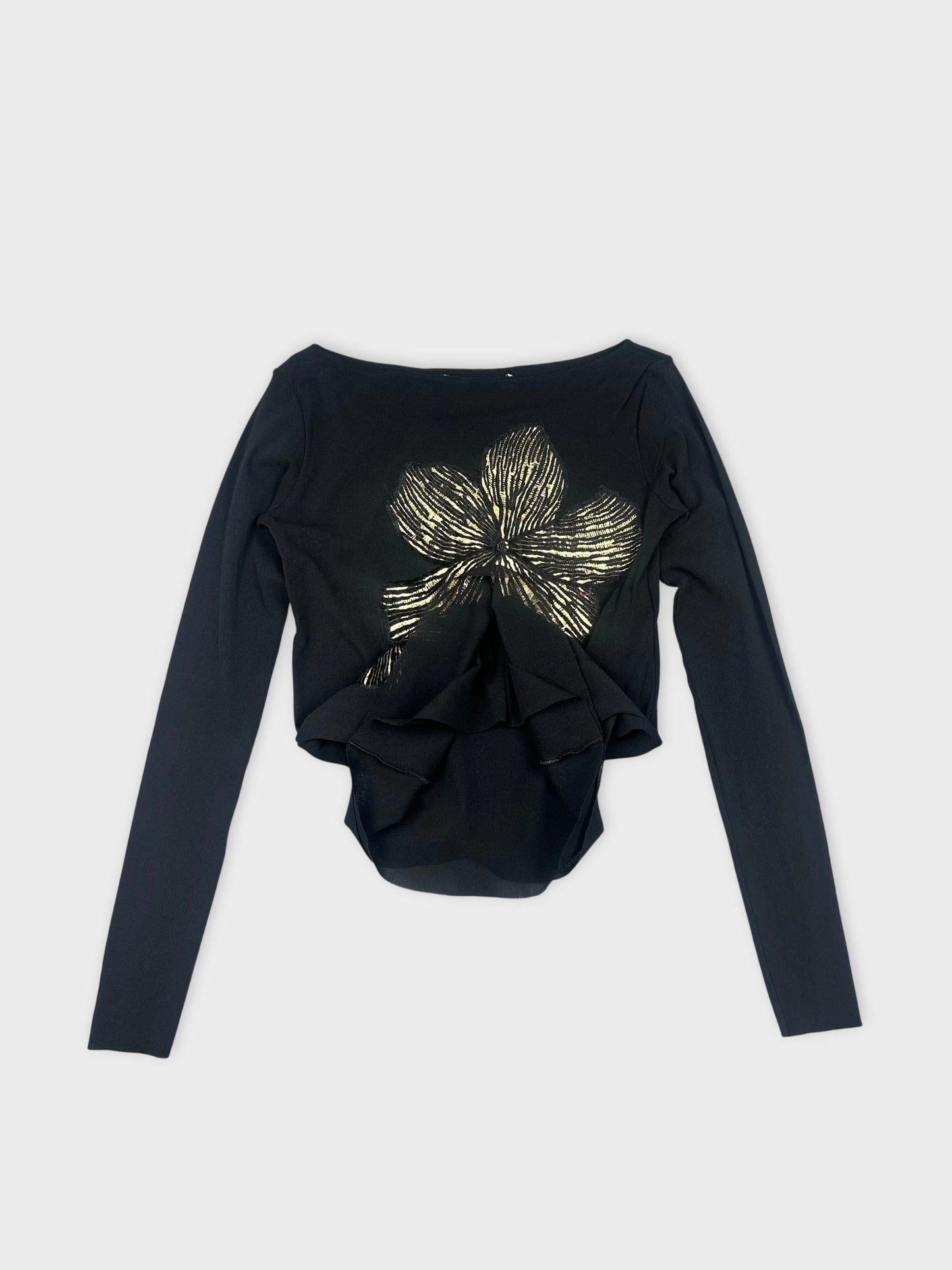 Detail view of black long sleeve top with floral print