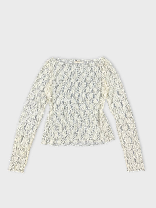 Women's long sleeve top in off-white with lace detail front view.