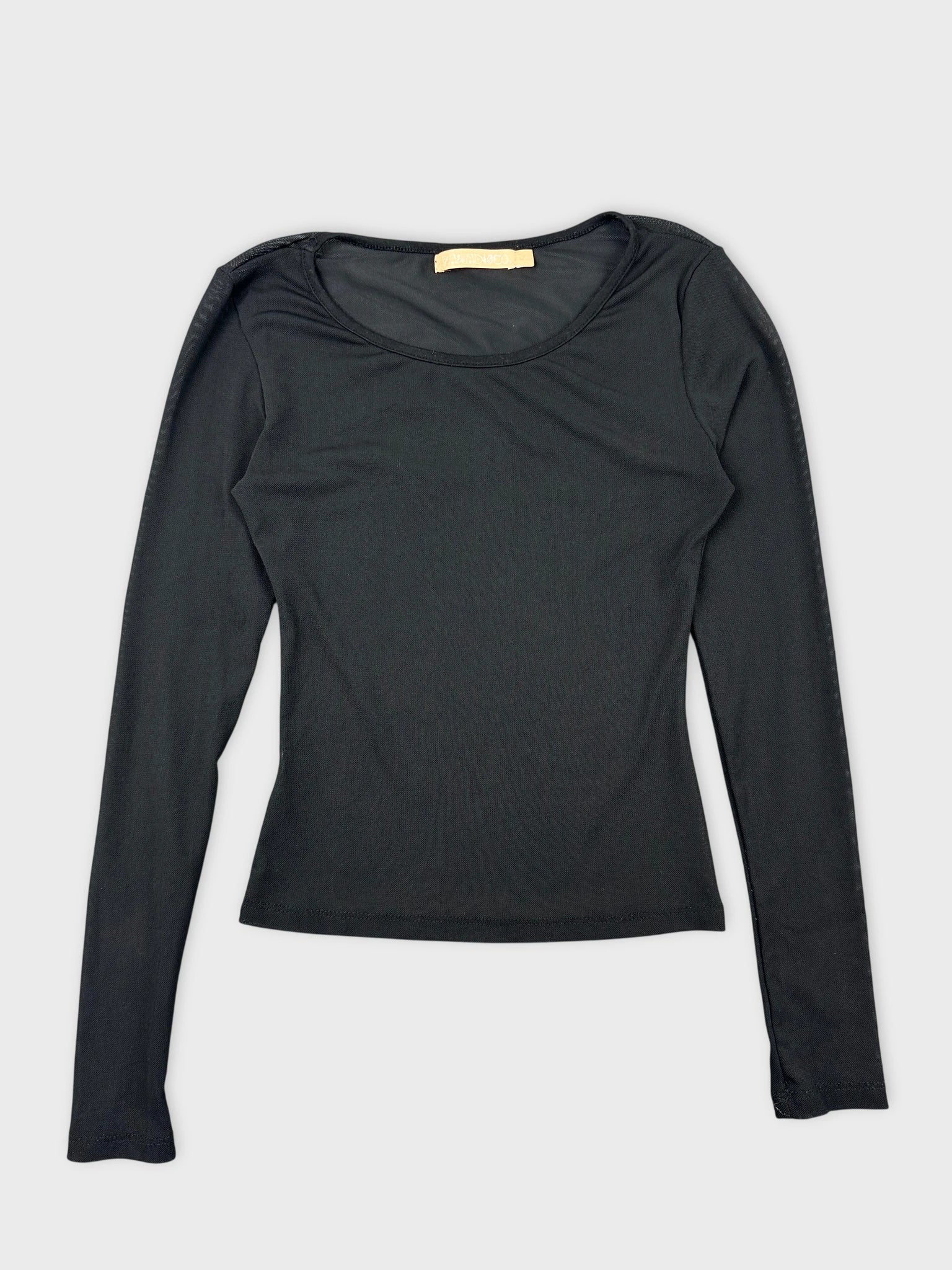 Black long sleeve top with a scoop neck front view.