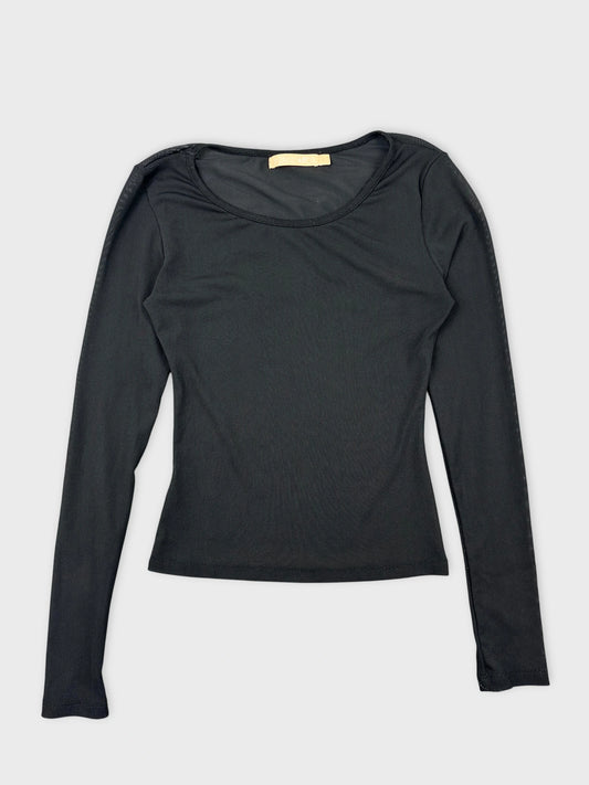Black long sleeve top with a scoop neck front view.