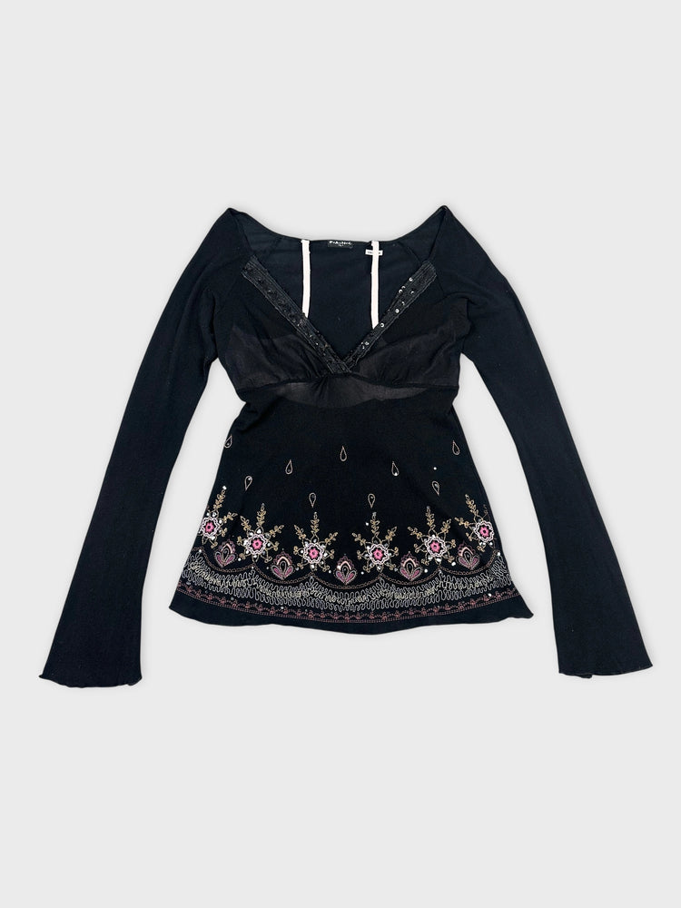 Black Sheer Long Sleeve Top with Embroidery (L)
