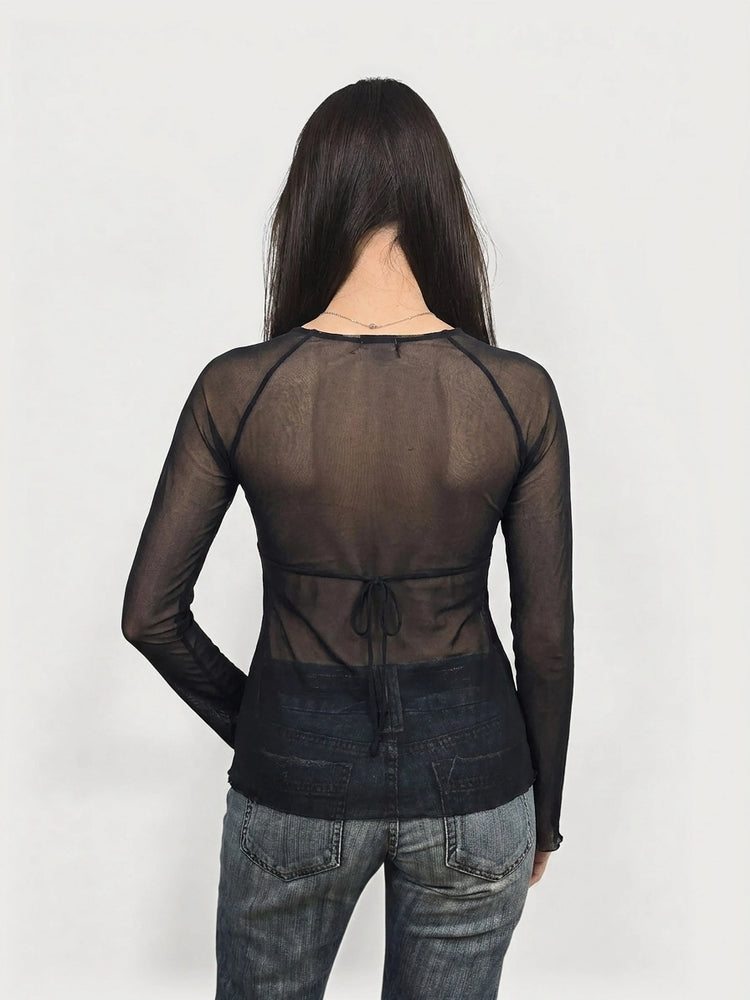Black Sheer Long Sleeve Top with Embroidery (L)