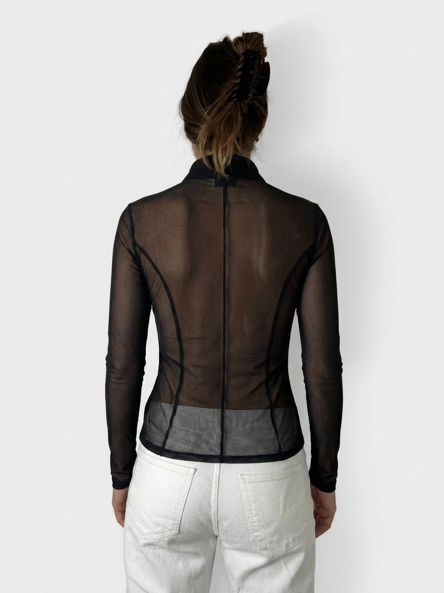 Back view of a long sleeve black top featuring a sheer design.