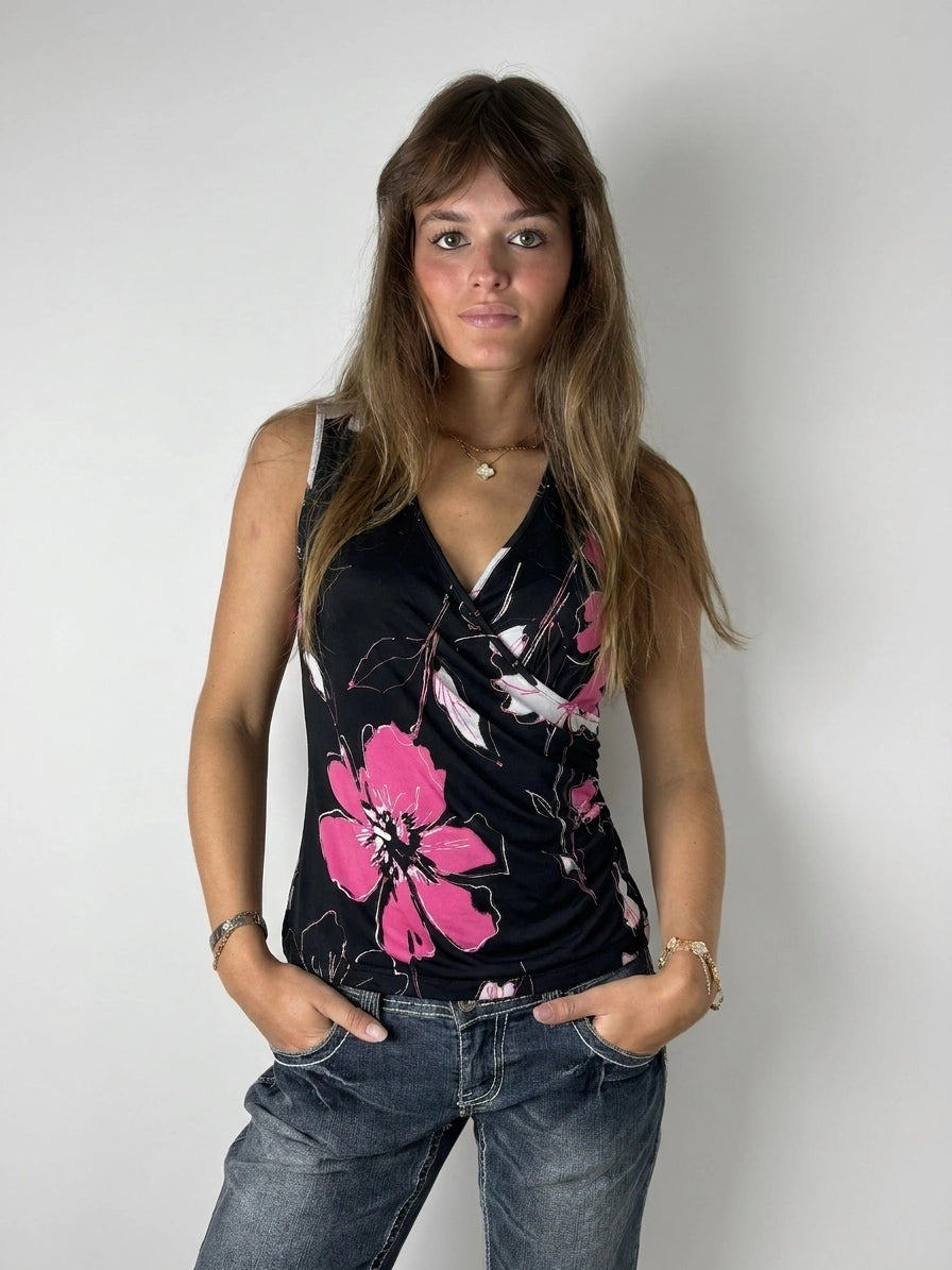 Black floral short top with pink flowers, front view.