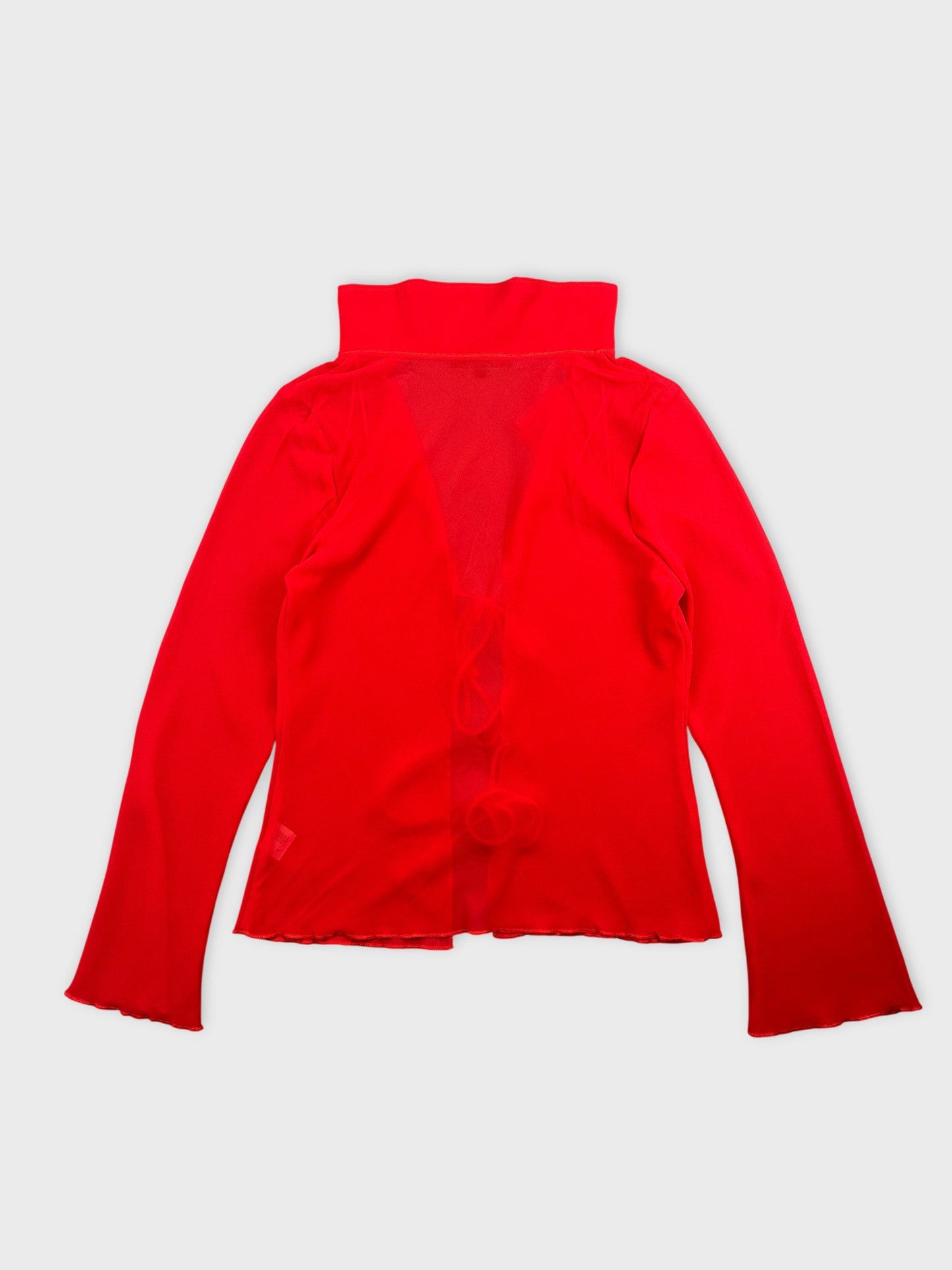 Back view of a red long sleeve top with a high collar and lace details.