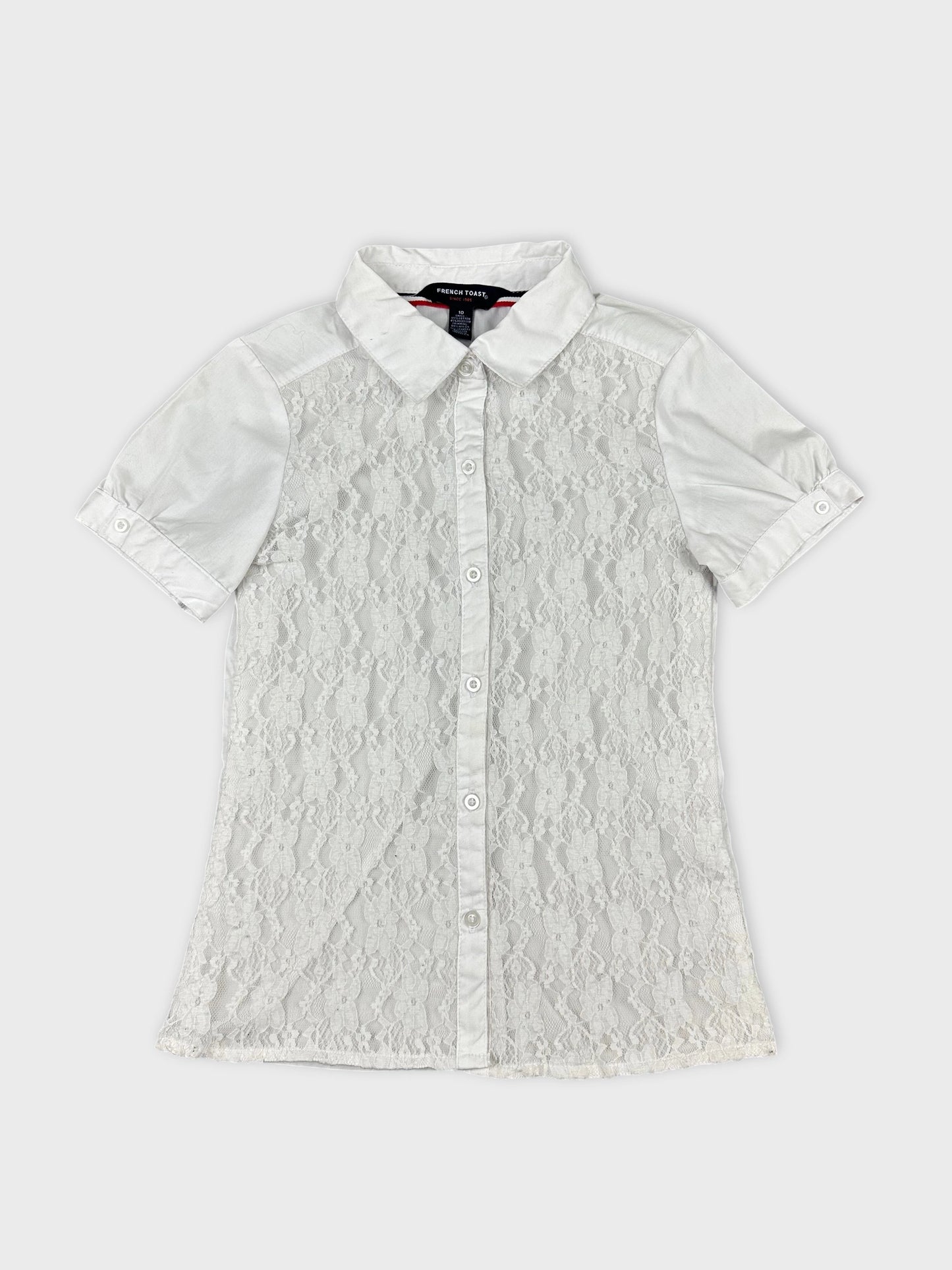 Front view of a white short sleeve shirt with lace detailing