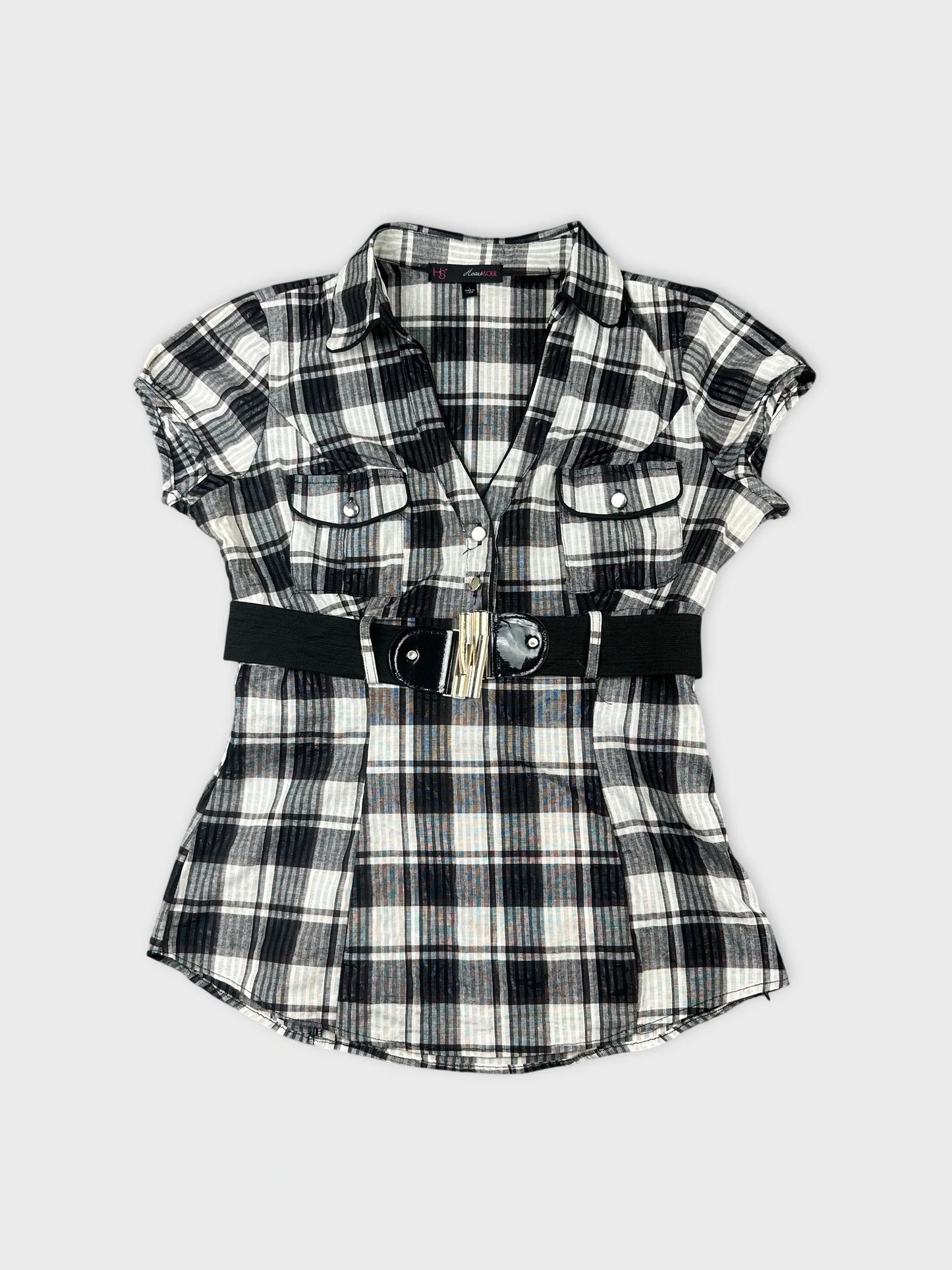 Front view of a short sleeve plaid shirt with a black belt.