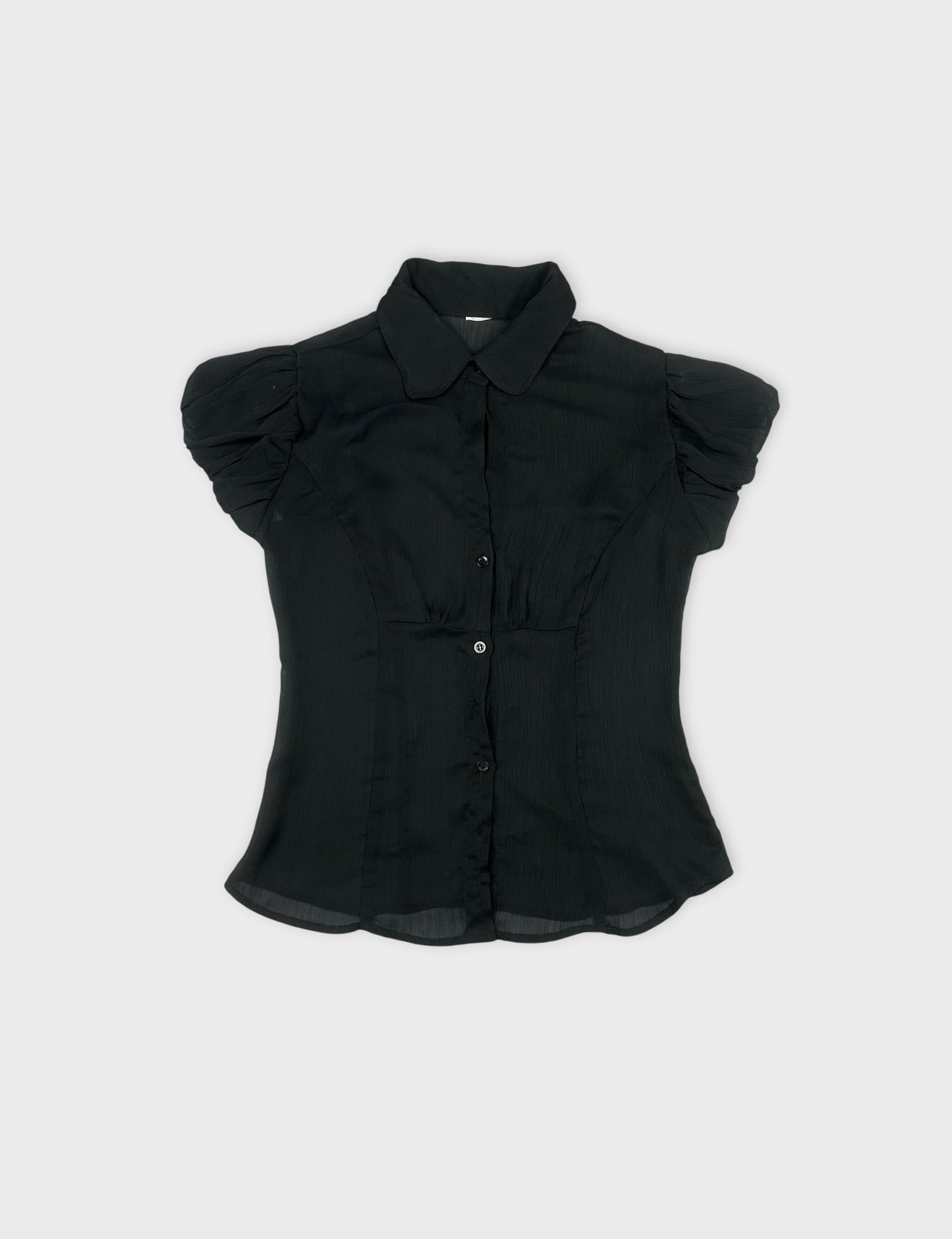 Front view of a black women's short sleeve shirt with puffed sleeves.