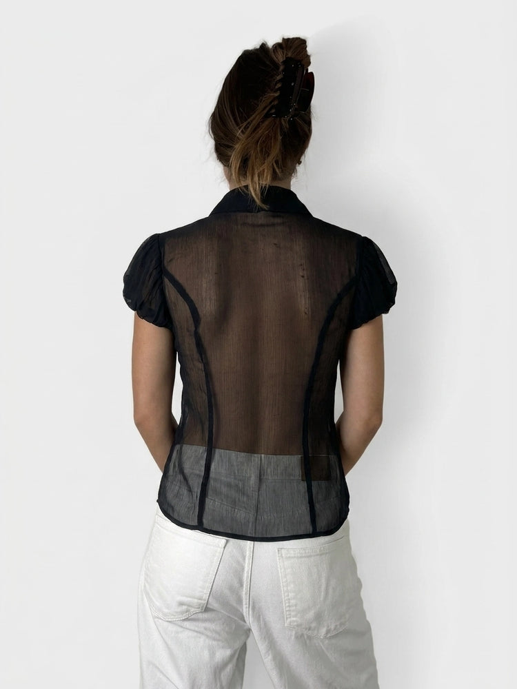 Sheer Black Button-Up Blouse for Summer Nights (M)