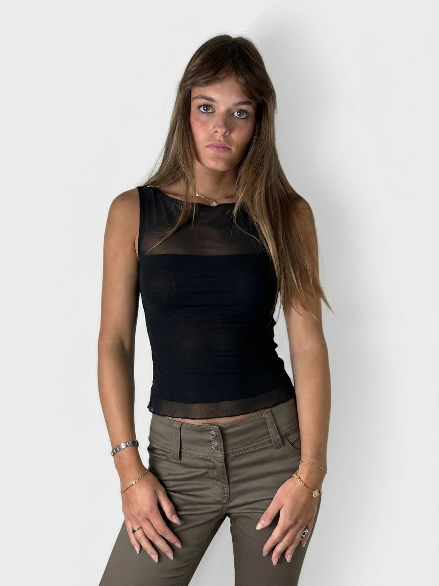 Black sleeveless top with a sheer detail, front view.