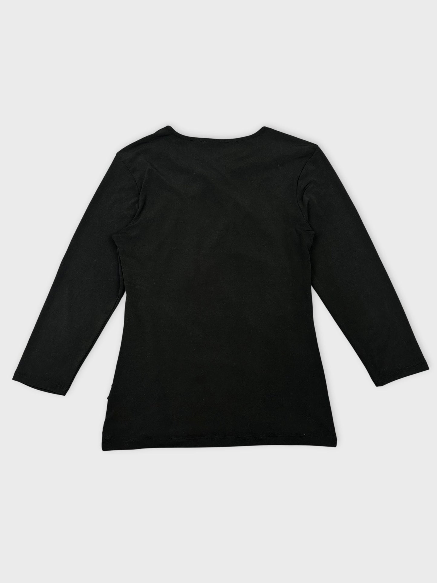 Black women’s short sleeve top back view with a classic round neckline.