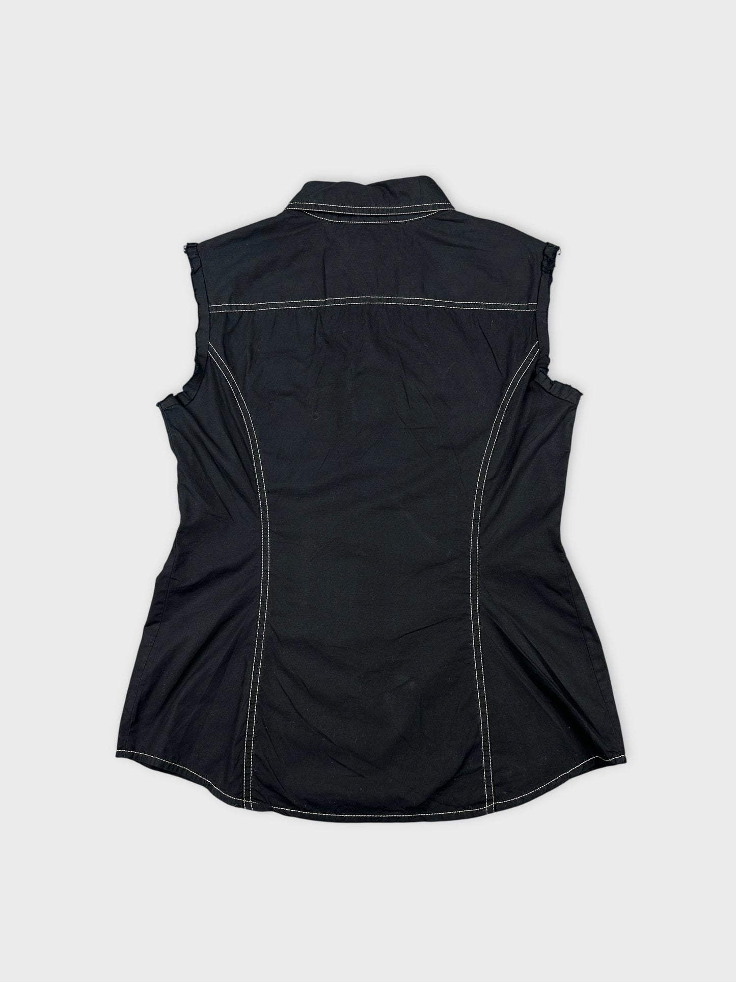 Black sleeveless top with visible white stitching back view.