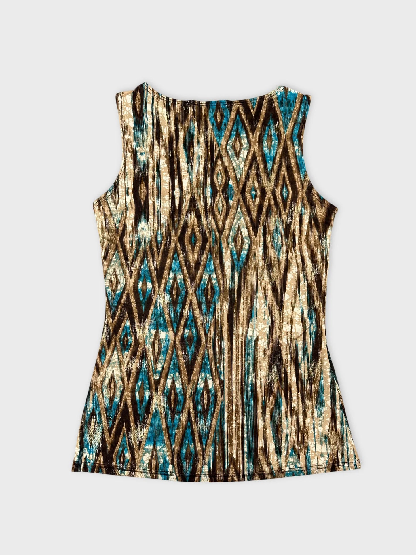Back view of a sleeveless top in brown and turquoise with a diamond pattern.