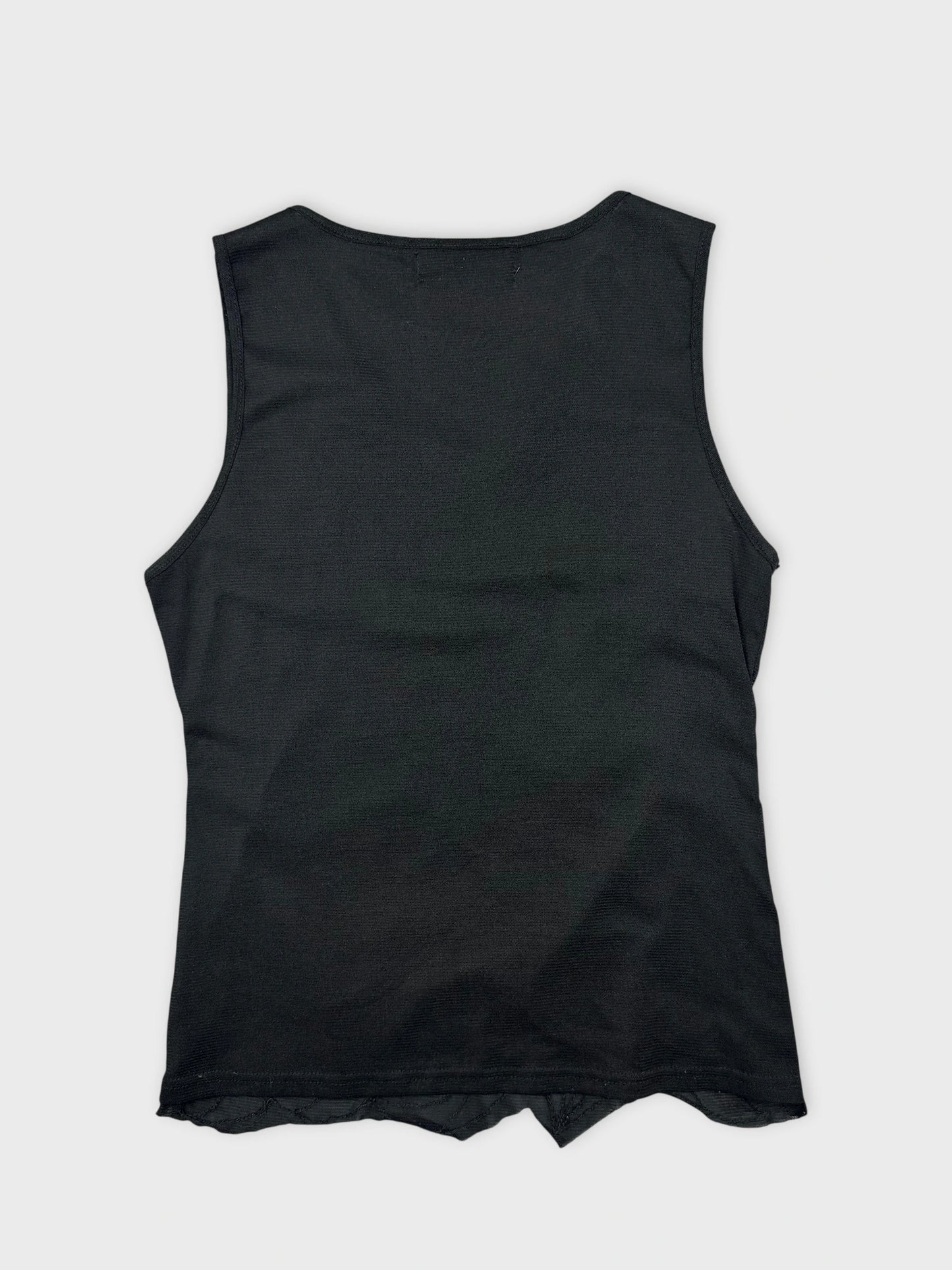 Back view of a black sleeveless top featuring a curved hem.