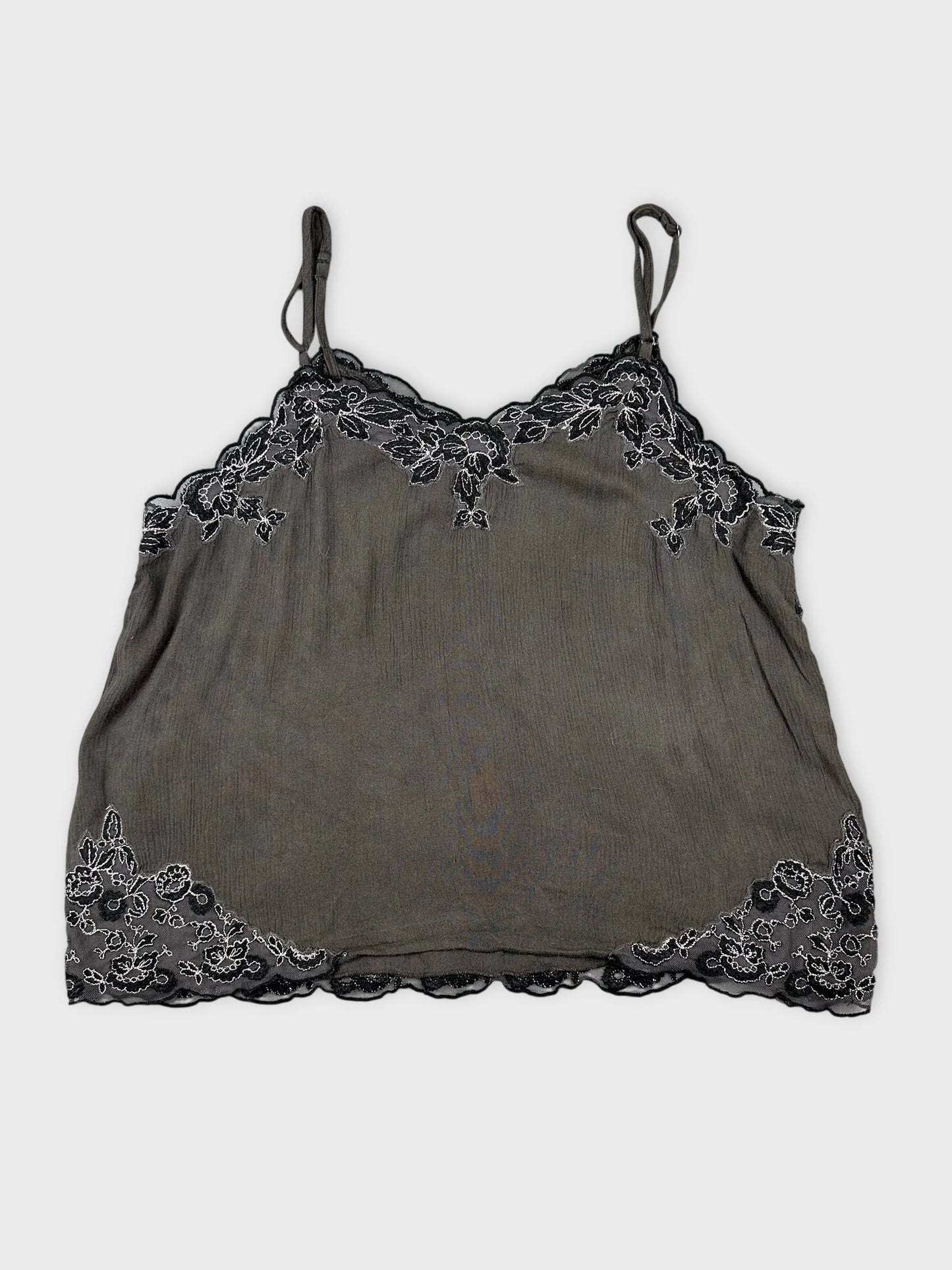 Back view of a dark gray sleeveless top with floral lace trim.