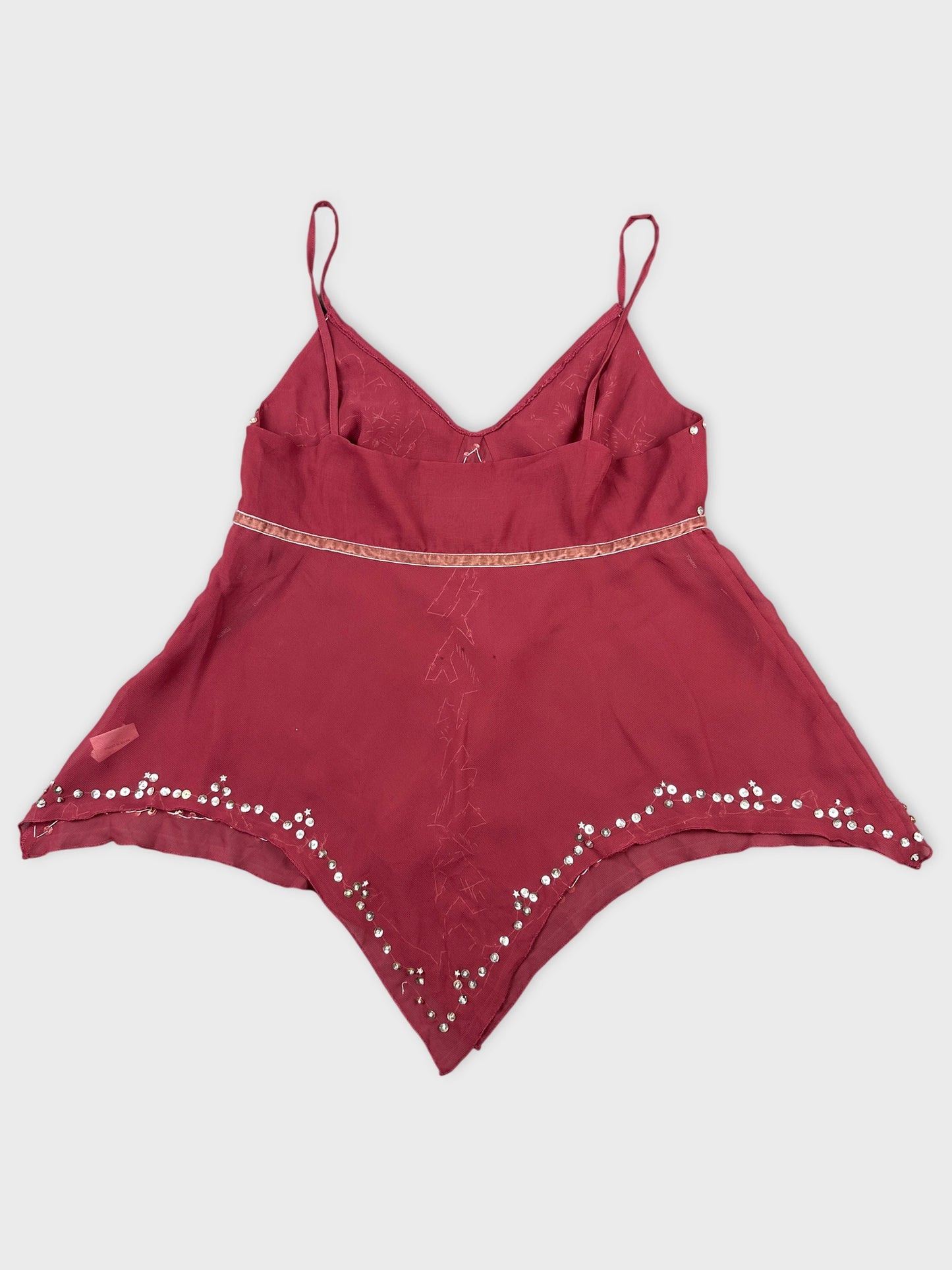 Back view of a burgundy sleeveless top featuring decorative trims.