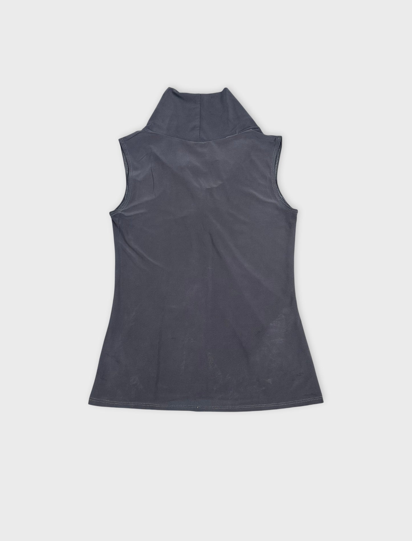 Gray sleeveless top back view with a high collar.