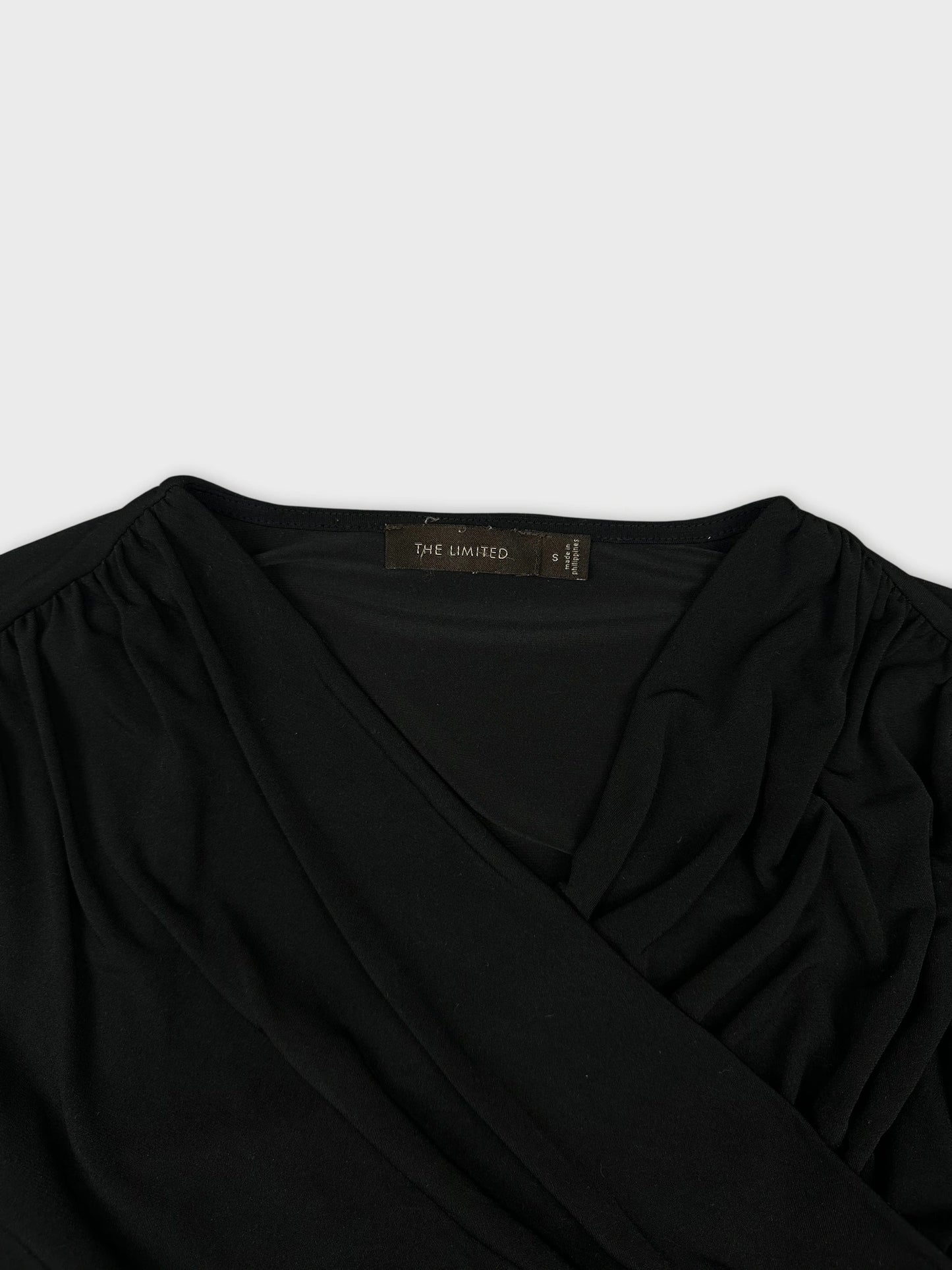 detail view of black women’s short sleeve top with gathered neckline
