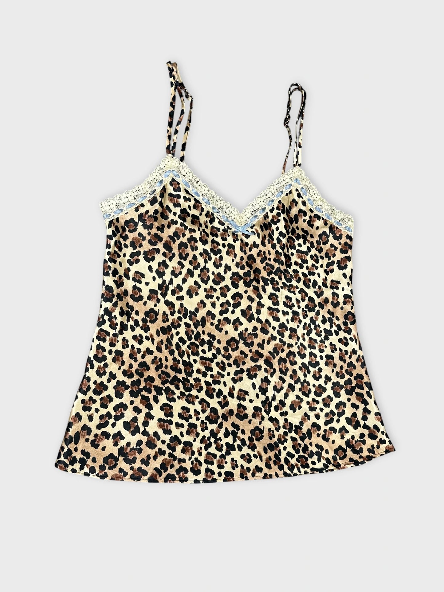 Leopard print cami top in beige detail view highlighting lace trim