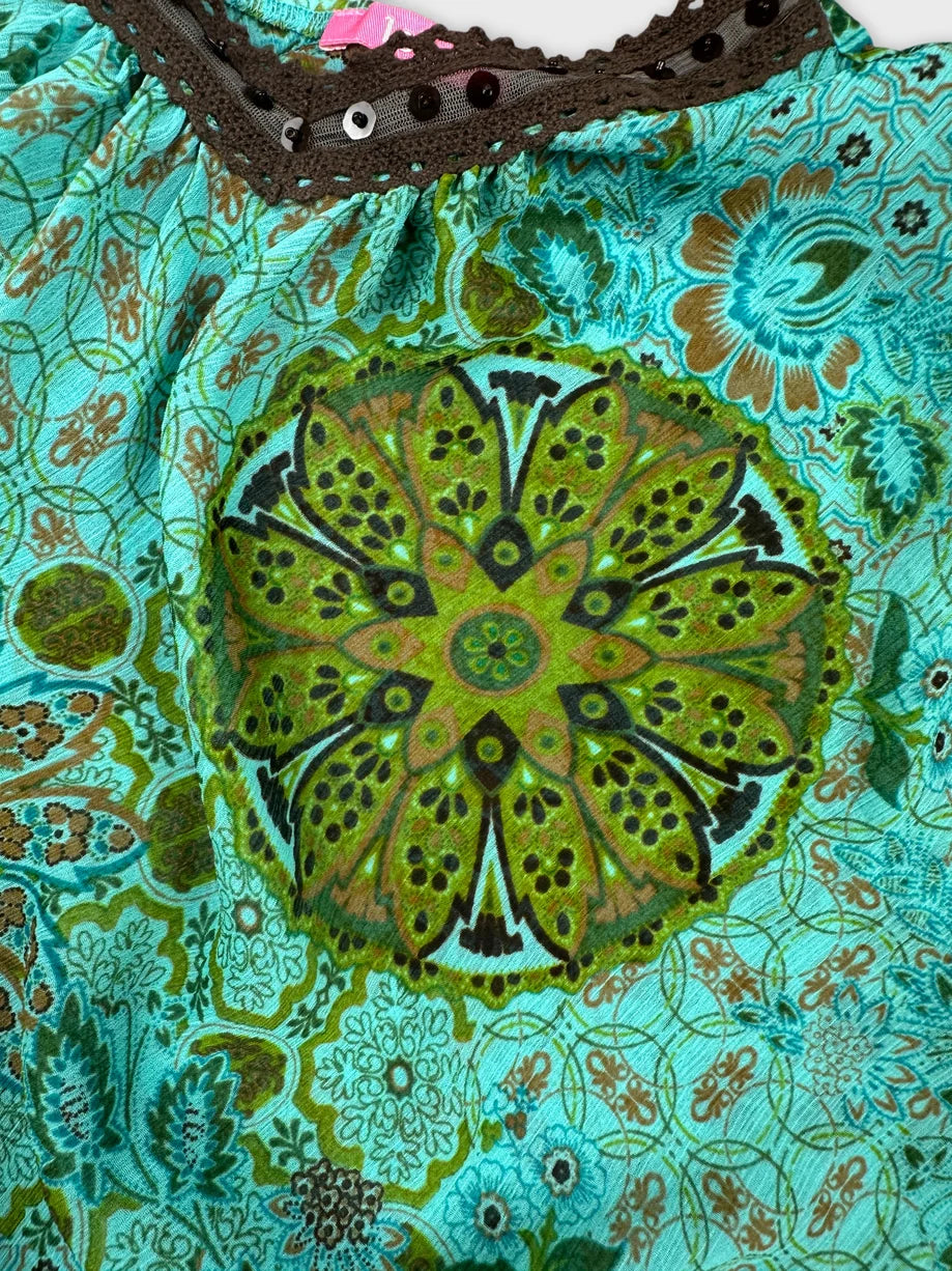 Detail view of a turquoise women’s top with floral print and brown trim.