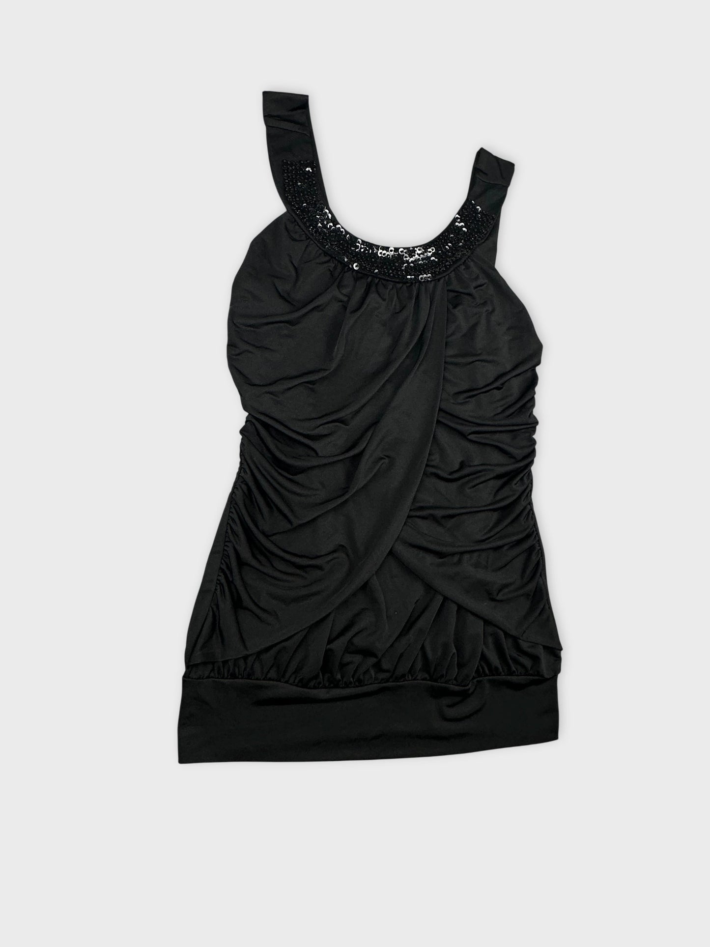 detail view of a black women's sleeveless top with sequined neckline