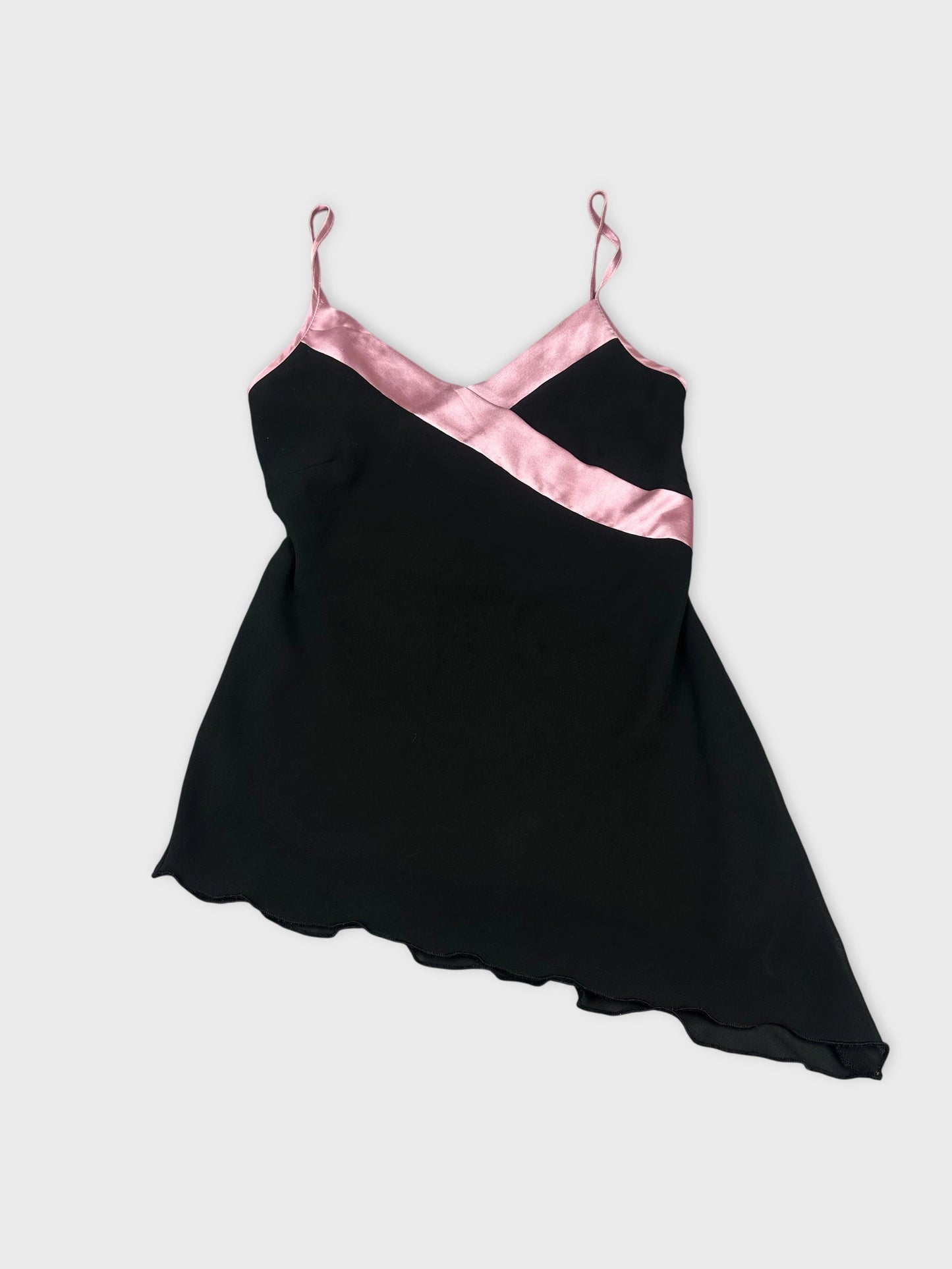 Black camisole with pink satin trim shown in front view.